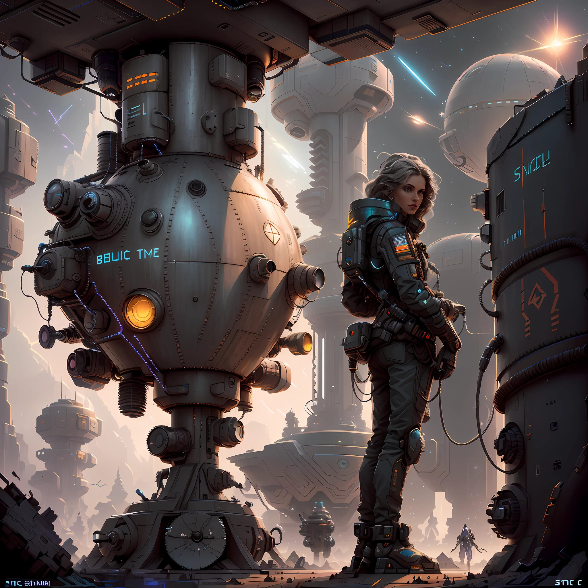 Futuristic woman standing in front of a futuristic city with huge machines, detailed sci-fi art, greg beeple, stefan koidl inspired, Beeple e Tim Hildebrandt, sci-fi illustrations, sci-fi illustrations, epic fantasy sci fi illustration, Science fiction fantasy art, award winning scifi art, detailed cyberpunk illustration, author:Jeremy Chang