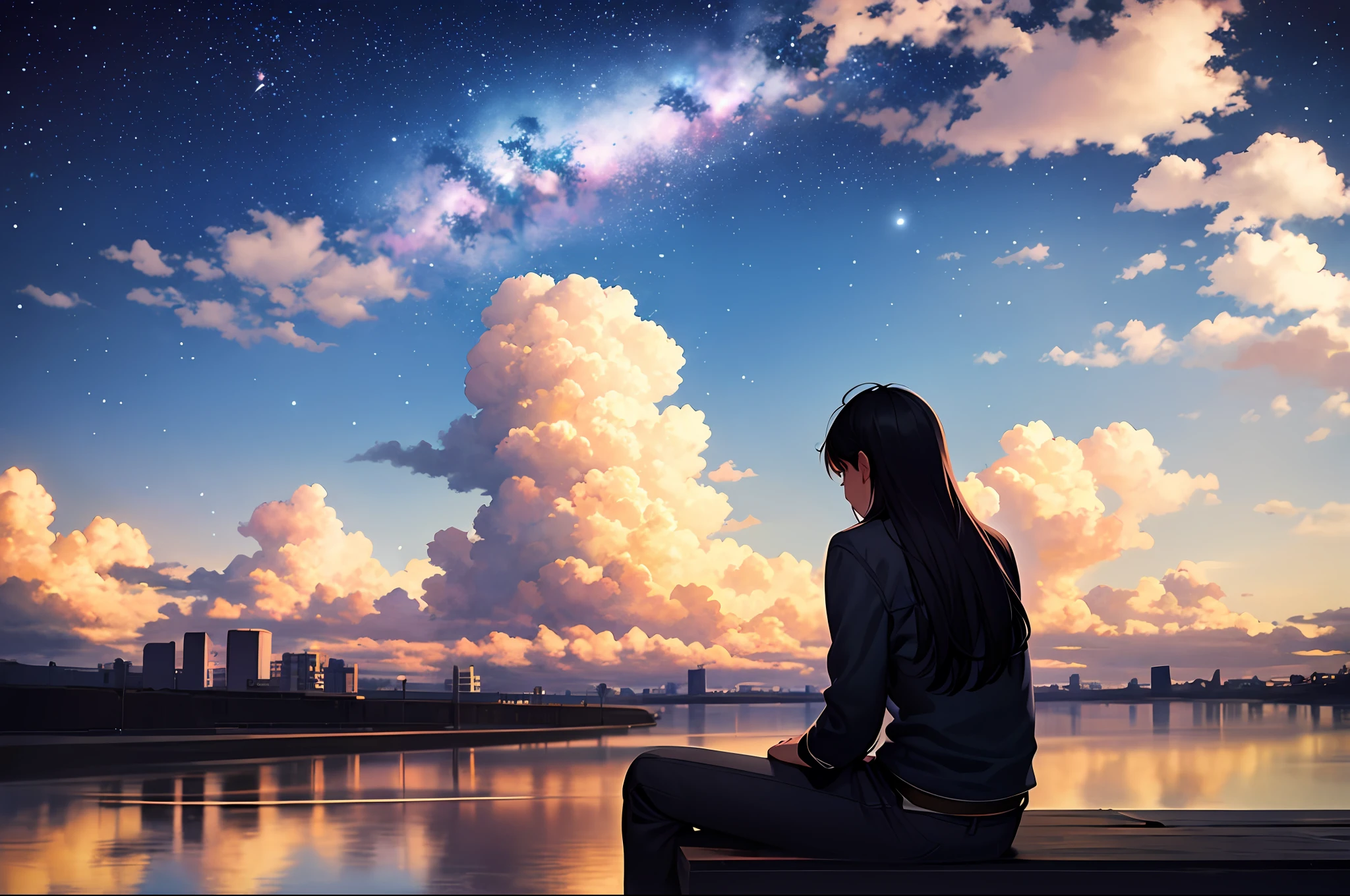 octane, sky, star (sky), landscape, starry sky, night, only child, night sky, solo, outdoor, signature, building, clouds, milky way, sitting, tree, long hair, city, silhouette, cityscape