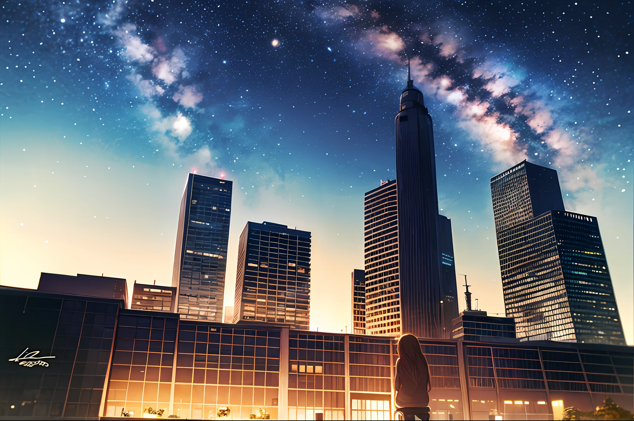 octane, sky, star (sky), landscape, starry sky, night, only child, night sky, solo, outdoor, signature, building, clouds, milky way, sitting, tree, long hair, city, silhouette, cityscape