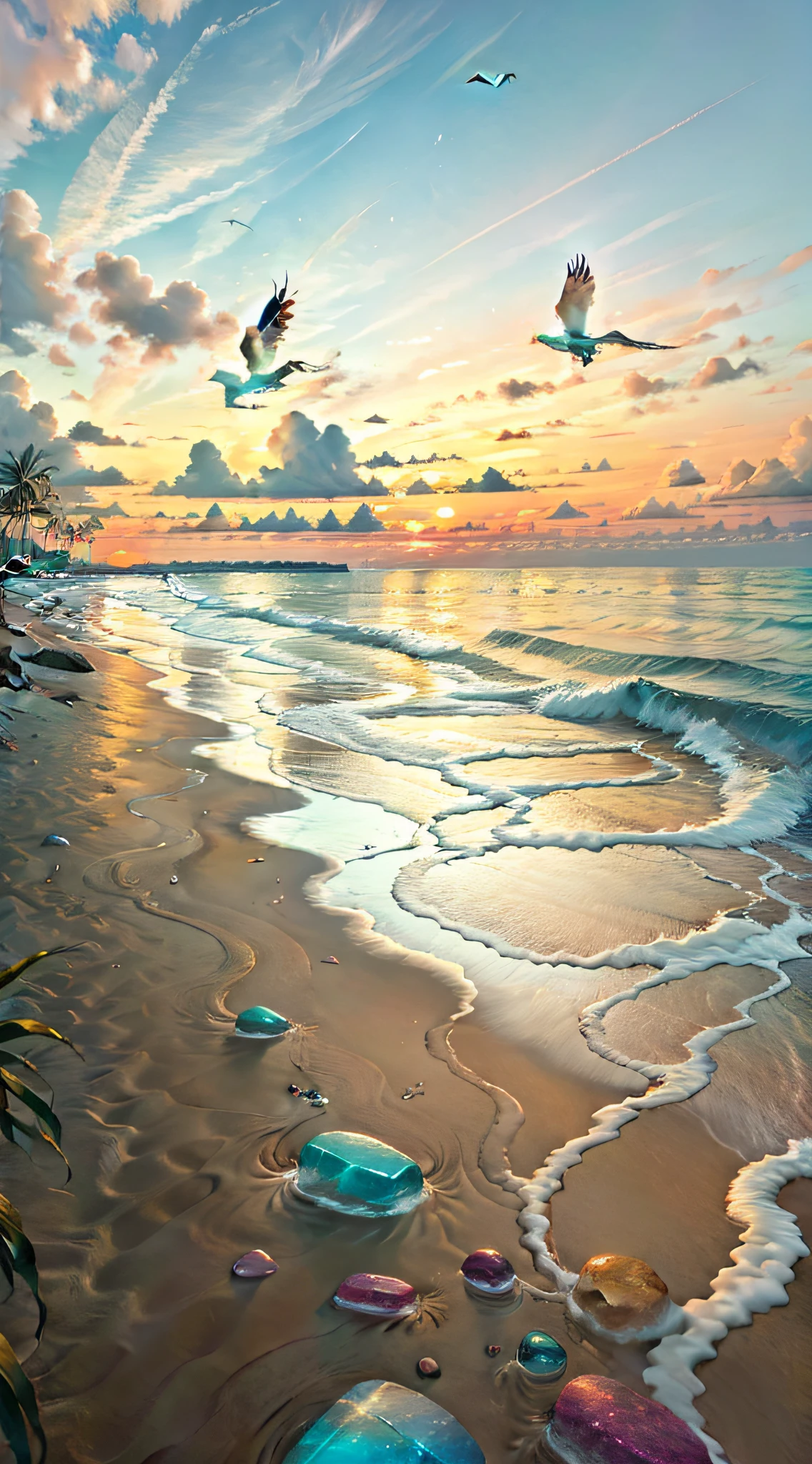 The beach is covered with colorful transparent smooth stones: 1.5, an absolutely mesmerizing sunset on the beach with a mix of orange, pink and yellow in the sky. The water is crystal clear, gently kissing the shore, and the white sand beach stretches as far as the eye can see. The scene is dynamic and breathtaking, with seagulls soaring high in the sky and palm trees gently swaying. Soak up the calming atmosphere and let tranquility envelop you.