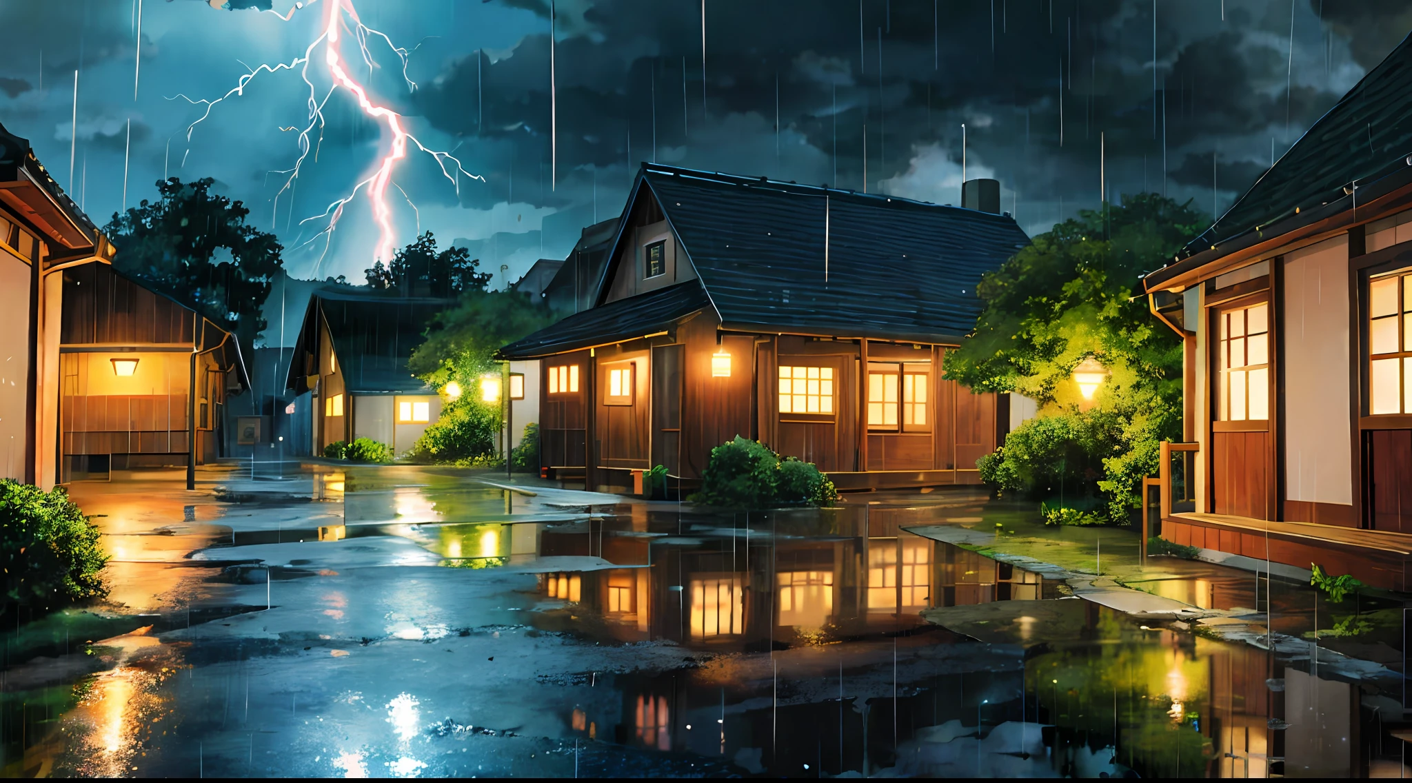 anime: Setting of a small and period town, in the nighttime, with rain and lightning. tem uma floresta ao fundo