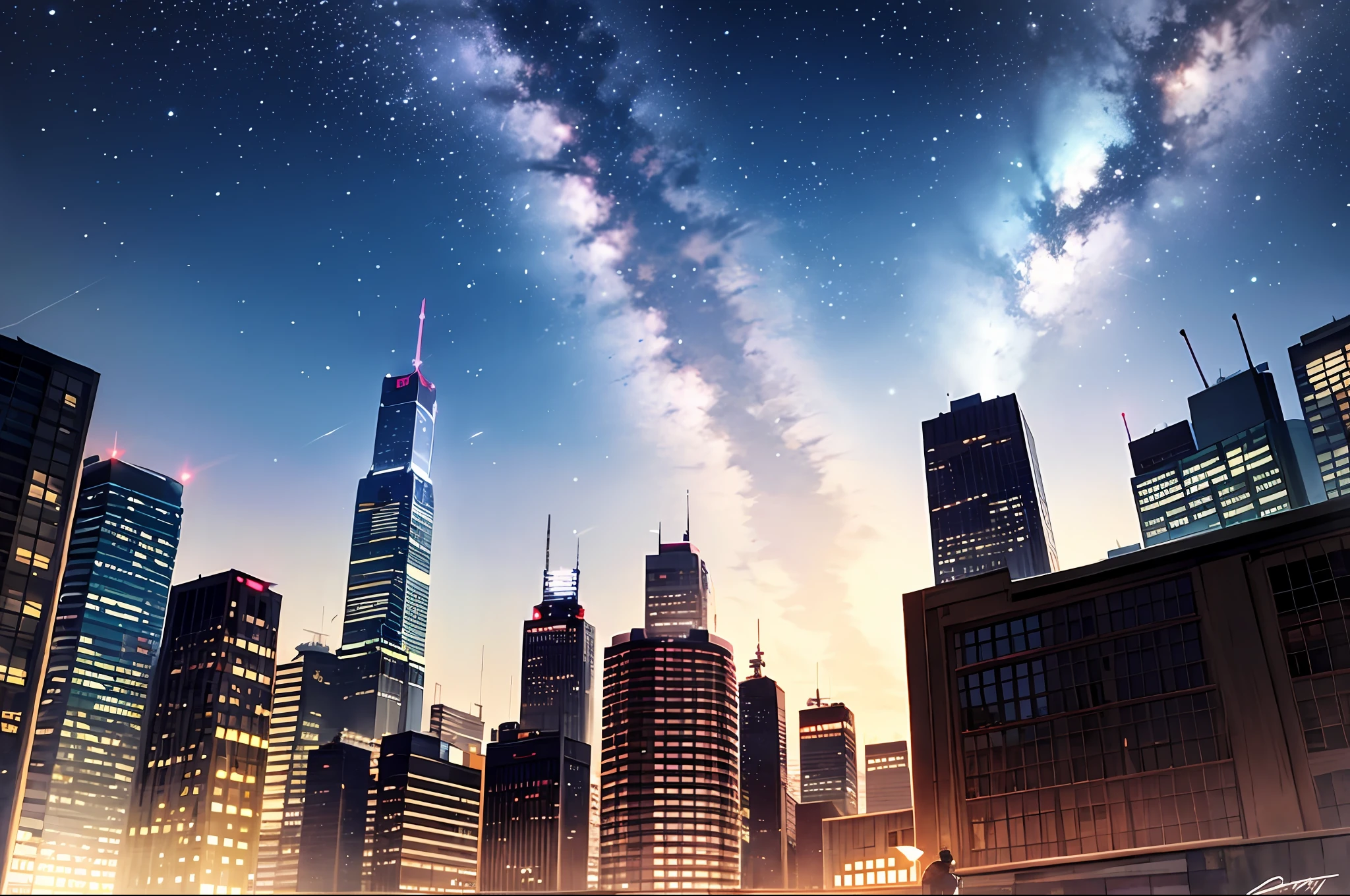 octane, sky, star (sky), landscape, starry sky, night, only child, night sky, solo, outdoor, signature, building, clouds, milky way, sitting, tree, long hair, city, silhouette, cityscape