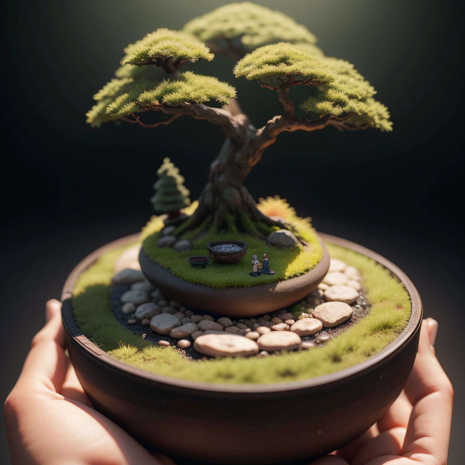 Miniature Bonsai landscape with dolls on top of Realistic, Photography, Studio lighting, shot by Phase One camera, HDR clarity detail, Hyperfocal length, 8K, Ultra Realistic