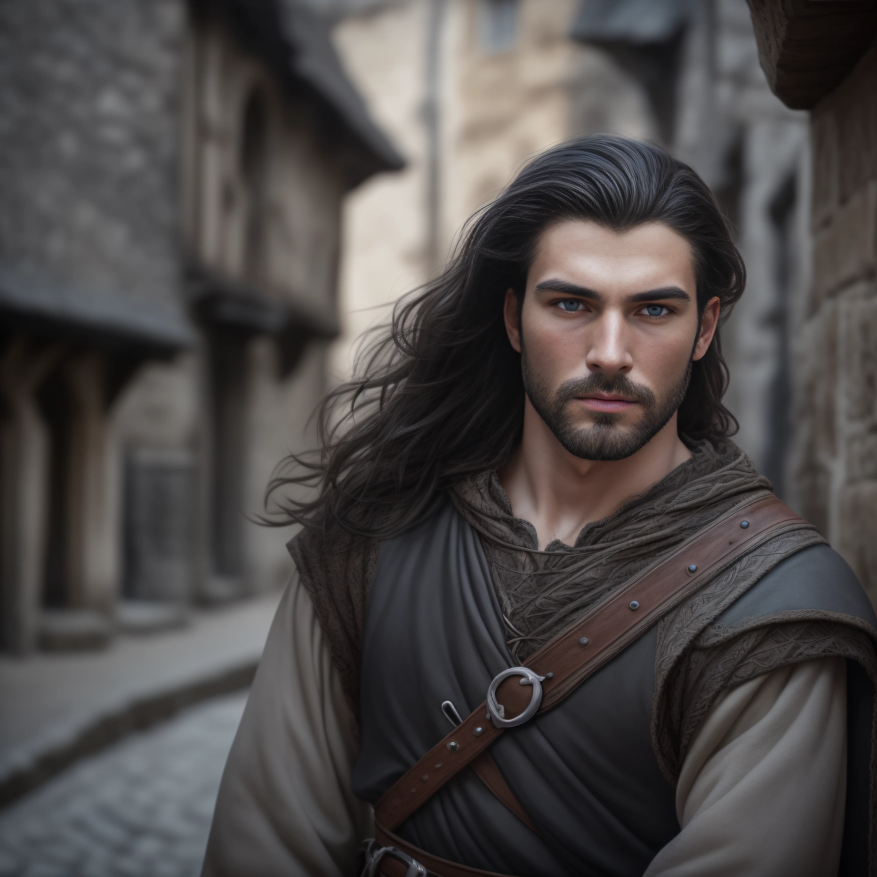 cinematic, photo, head and shoulder portrait photo, 1man, solo, 30 years old medieval fantasy male adventurer, pale skin, very long wavy shabby black hair, incredible grey eyes, long curved eyebrows, short beard, medieval fantasy adventurer clothes, intense look, ugly but fascinating, in a big medieval city, Canon EOS 5D Mark IV, historical, fantasy, hyper detailed, accurate textures, realistic, skin pores