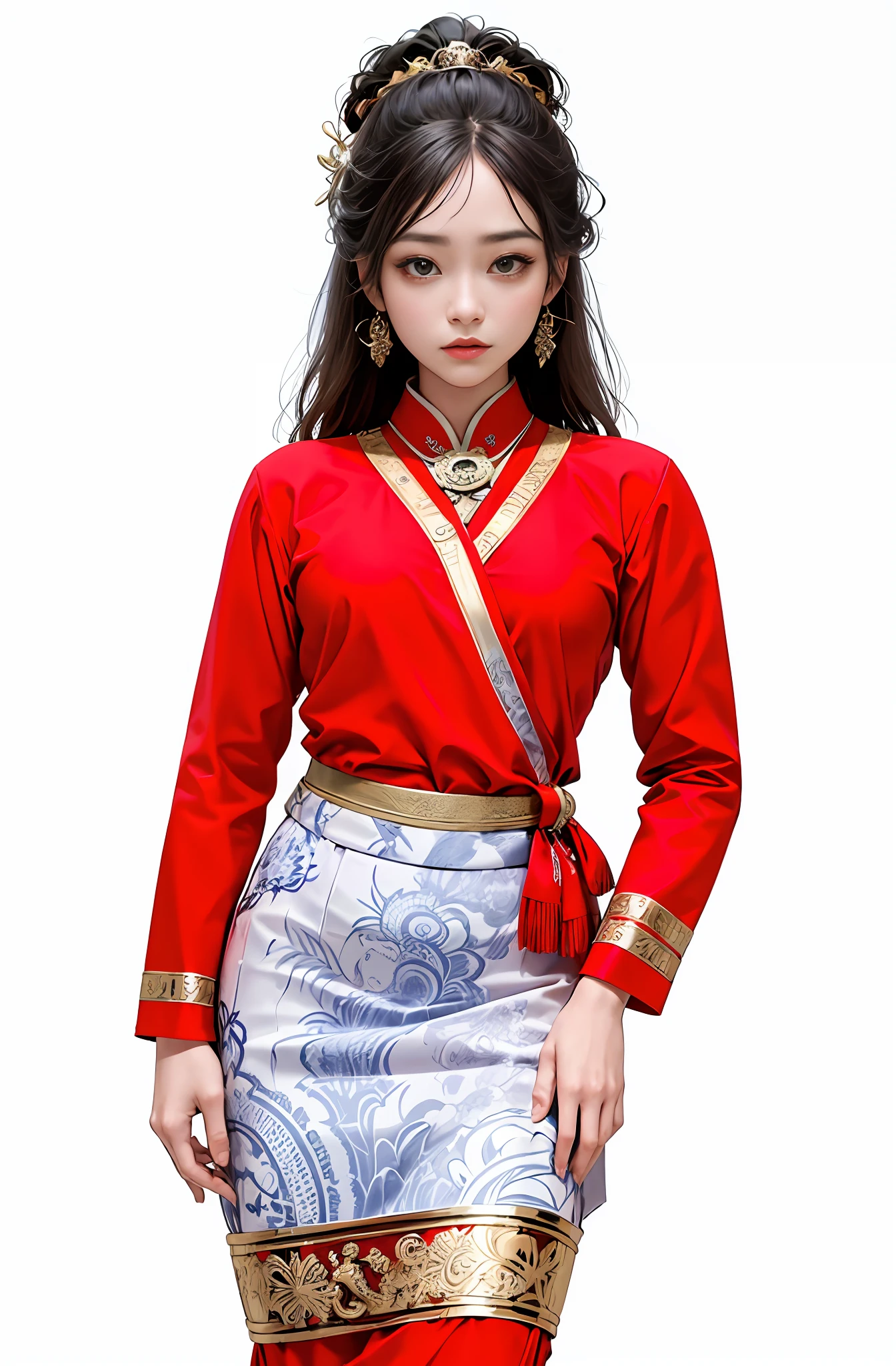 official art, unity 8k wallpaper, ultra detailed, beautiful and aesthetic, masterpiece, best quality, (zentangle, mandala, tangle, entangle), (fractal art:1.3) , 1girl, extremely detailed, dynamic angle, cowboyshot, the most beautiful form of chaos, elegant, a brutalist designed, red kimono, Thai massage uniform, Myanmar ethnic shan traditional dress, red dress, vivid colours, romanticism