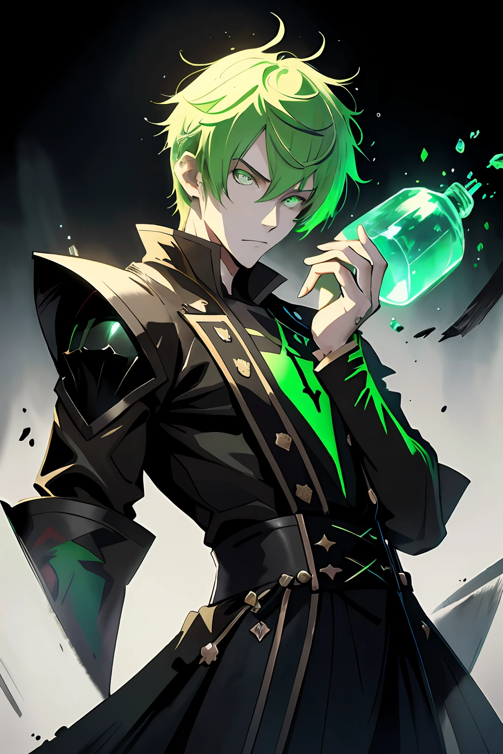 zydink,Ink sketch,best qualtiy,tmasterpiece:1.3,1boys,Light green hair,Bright pupils glowing green,short detailed hair,Hair combed back,floated hair,Green robes with many stripes,The expression is cold,abstract ink splash:1.2,He held the glowing green bottle in one hand,A dragon was wrapped around his arm,The dragon was staring at the bottle,There is a faint fluorescence around the bottle,He looked up at the night sky,Green flames surrounded his body