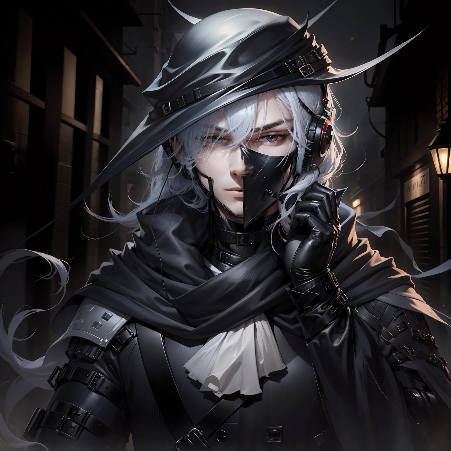 Men in pitch-black clothing，The helmet covers the eyes，Bring headphones，Wear a mask so that the face is completely obscured，Handsome，alleys，On the run，Best quality