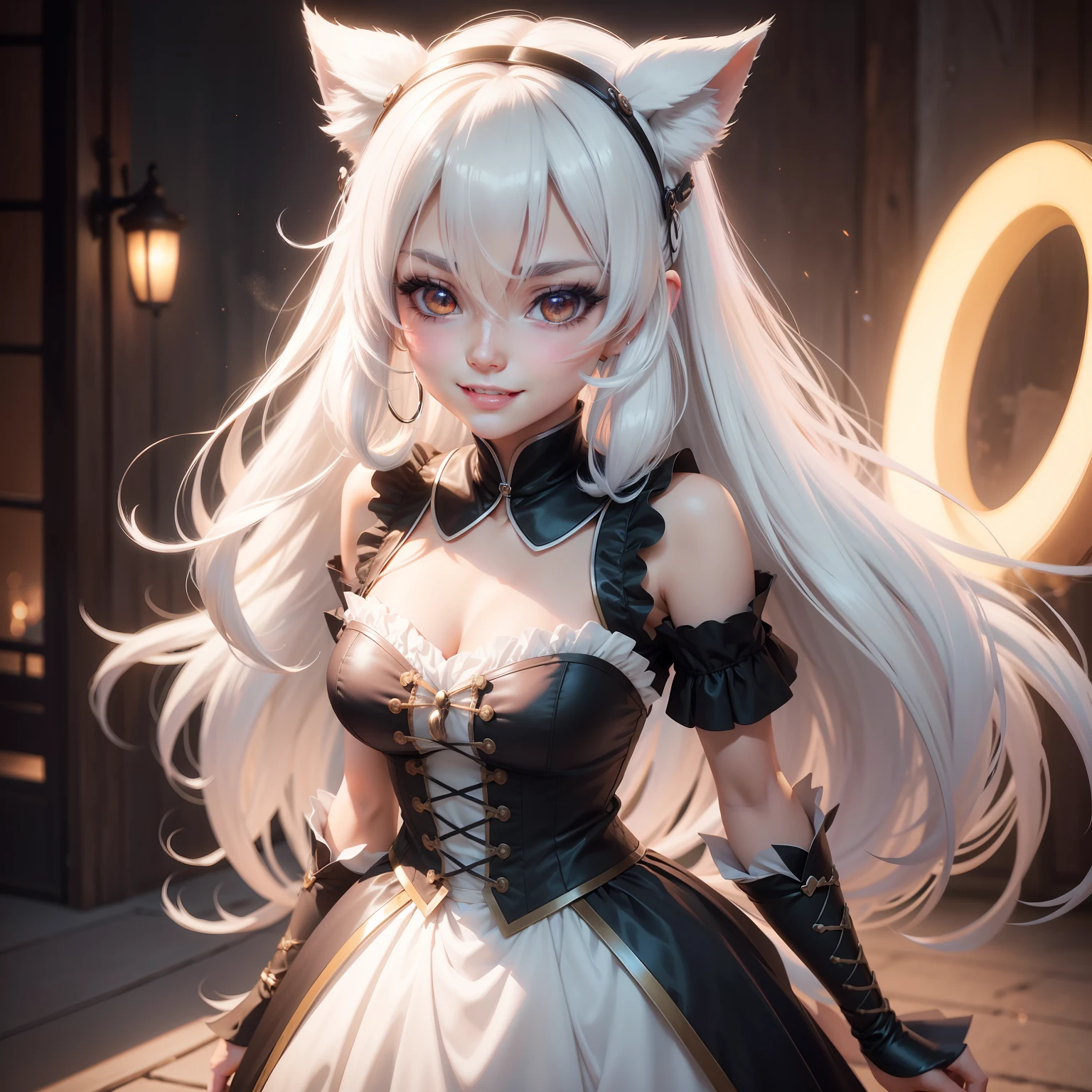 hair bobbles, longeyelashes, solid circle eyes, fake animal ears, light smile, ear blush, fang, white hair, shy, anime, cowboy shot, chiaroscuro, 8k, super detail, ccurate, best quality, masterpiece, UHD, high details, best quality, highres