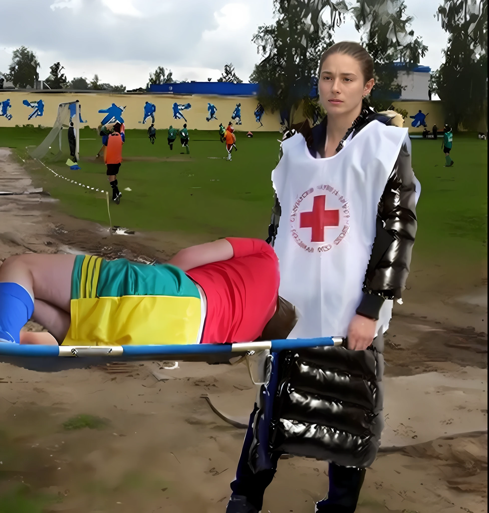 Photography of an injured sportsman on a stretcher being carried by a longhaired blond woman in a long black down coat, a young male soccer player in short sportswear is lying on his back on a stretcher and is grabbing his shin with his hands, hyperralistic, very realistic, ultrarealistic photorealistic, pgoto, photoreal, a young woman is wearing a high shine black downcoat an dis holding a stretcher inside a sports stadium, a young madeup blond woman in a high-shine padded coat is shouting out for help and has a very sad and furious expression in her face, a sportsman is lying on a stretcher and has a very painful and suffering face, a young sportsman on a stretcher with a very painful expression in his face, dramatic action pose, sports accident, injury scene, theatralic pity pose, pity pityful, pain, a sportsman is lying on a stretcher and is crying in pain, a young madeup woman in a shiny coat is carrying a man on a stretcher inside a sports stadium, sports scene, stadium
