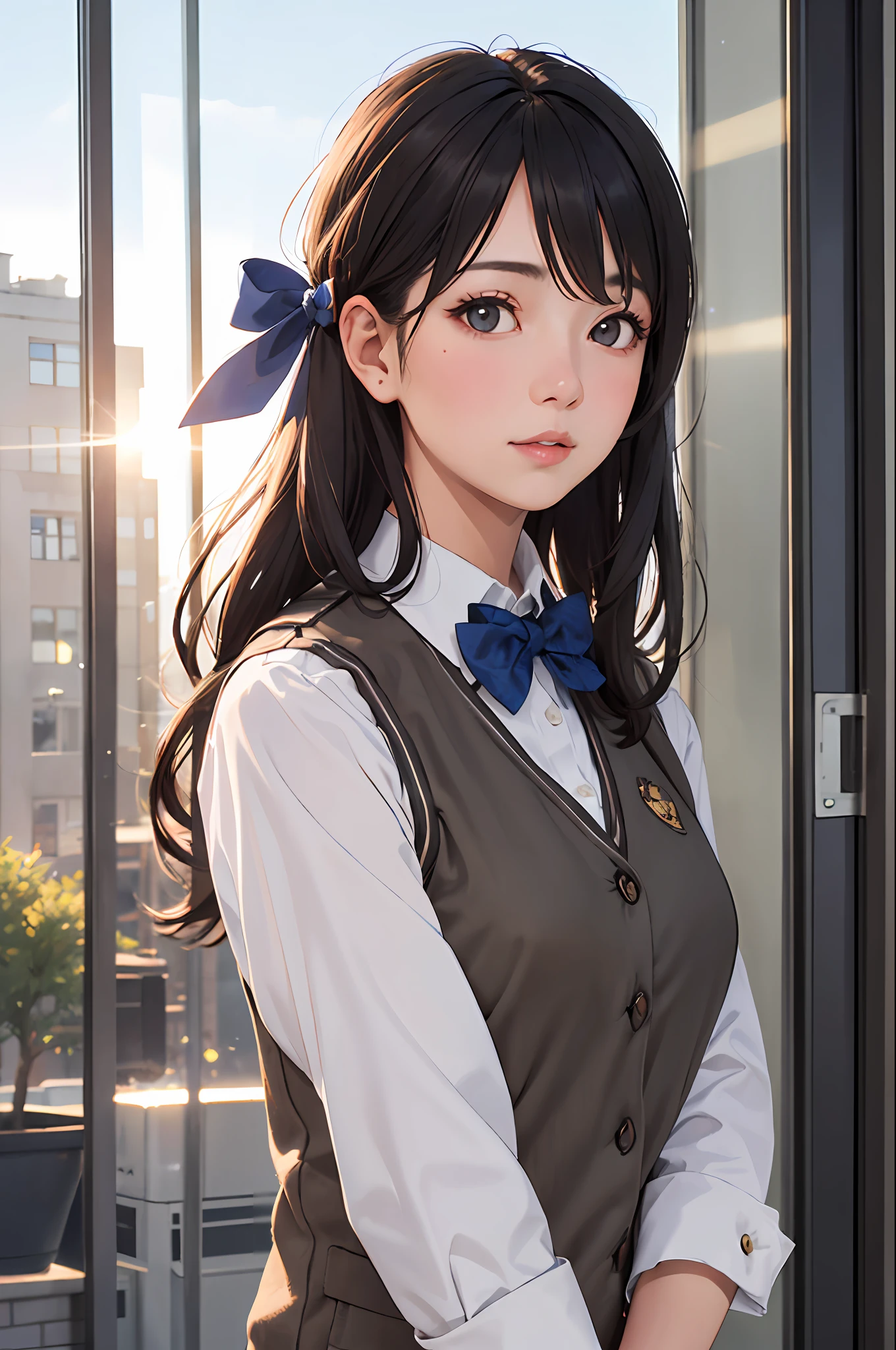 1girl, matured female, vest, bow, photo, realistic, best quality, hires, detailed face, office, buildings from window, detailed background, diffused sunlight, depth of field, bokeh