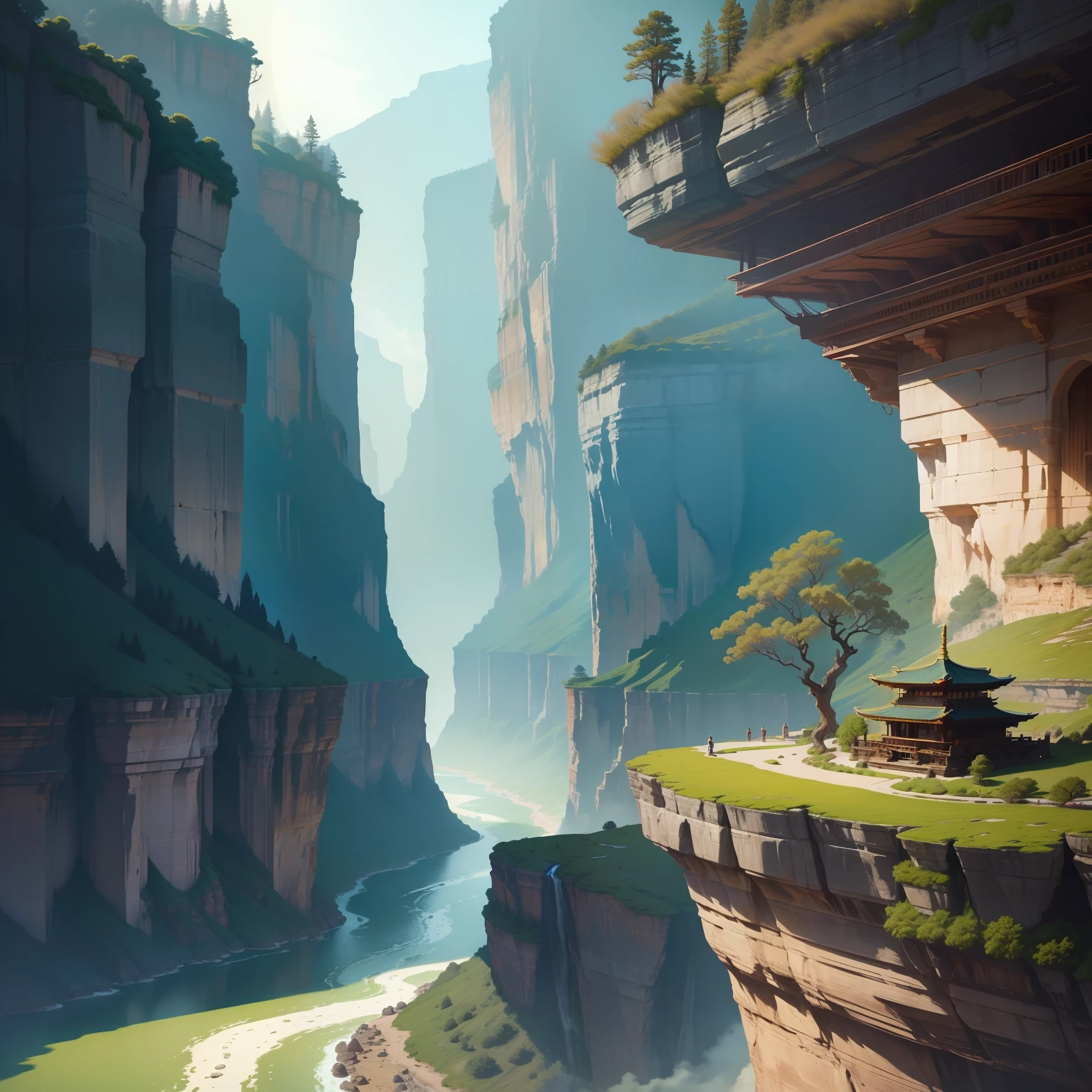 The canyon is flanked by cliffs，Ancient trees，The river is rushing、The river is dark green in color、On the cliff on one side there is a century-old temple，Solemnly silent、It's like entering a fairyland，Picture quality HD，Detailed representation