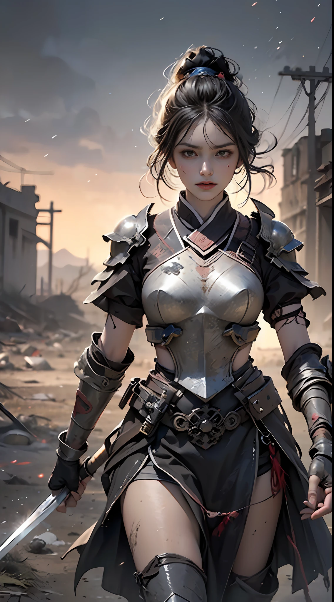 8k wallpaper,ultra - detailed,rich details,ultraclear,8K,,Best quality at best,best qualtiy,mistic,1 female warrior,Black armor,Ancient Chinese general armor,(((Sword in hand))),facing to audience,(((A withered battlefield,废墟,run-down,Wasteland,barren,A desert))),Sadness outside,battlefiled,ancient battle field,,((the night,Dimly lit,Dark 1.3)),Bust composition