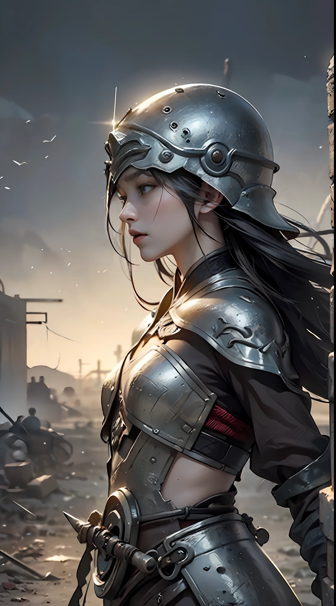 8k wallpaper，ultra - detailed，rich details​，ultraclear，8K,，Best quality at best，best qualtiy，mistic，1 female warrior，Black armor，Ancient Chinese general armor，（（（Sword in hand））），facing to audience，(((A withered battlefield，废墟，run-down,Wasteland，barren，A desert)))，Sadness outside，battlefiled，ancient battle field，，（（the night，Dimly lit，Dark 1.3）），Bust composition