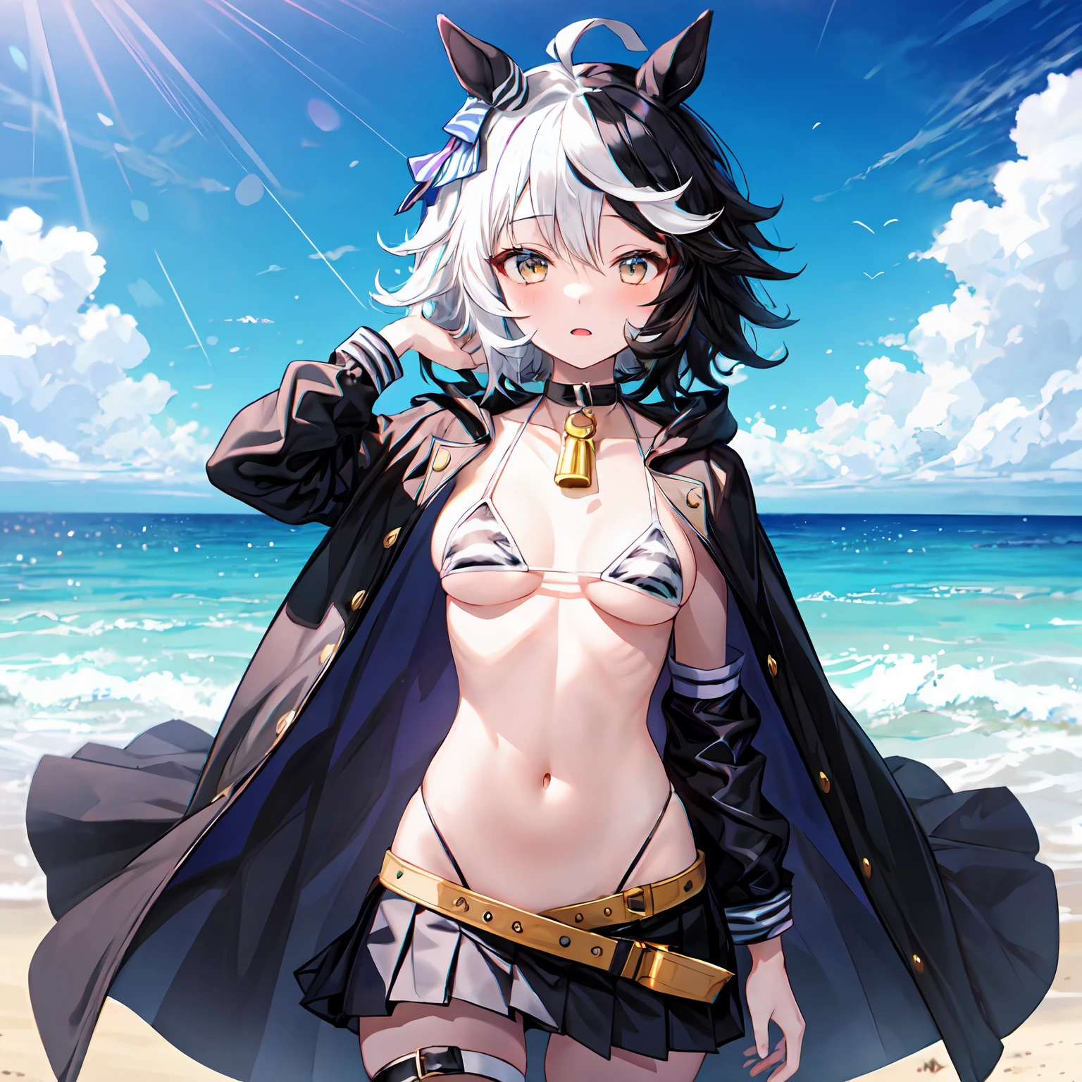 1girl,Solo,Umamusume,Zebra_print,White_eyes,multicolored_hair,messy_hair,(White_hair),Black_hair,Short_hair,Zebra_cloak,Black_Shirt,Belt,Neck_bell,Black_Skirt,sea,bikini,nsfw