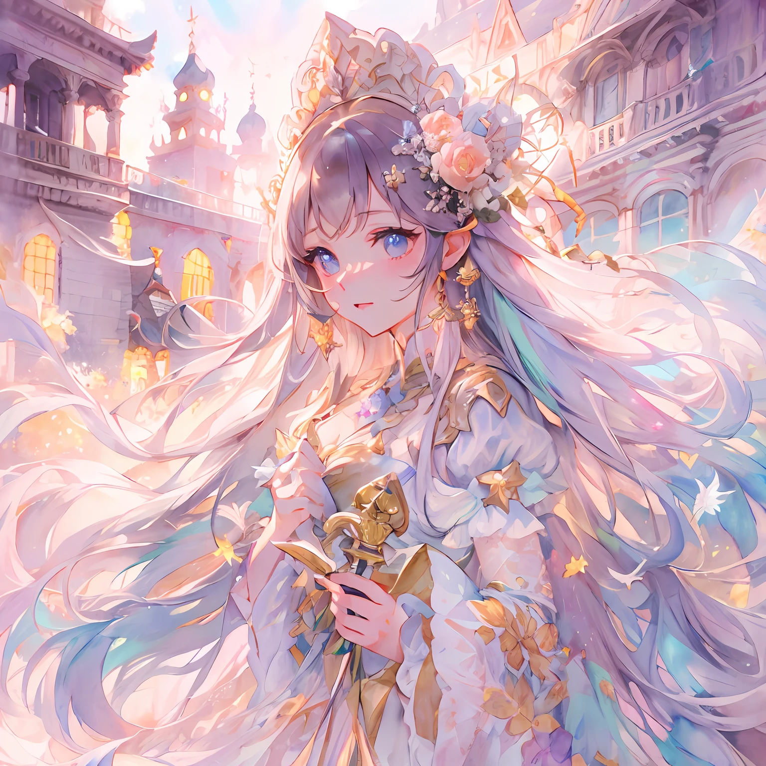 Princesses who follow fire spirits, water spirits, wind spirits, light spirits, and dark spirits. She enjoys spending time with the spirits on the rooftop of the royal palace, where no one can find her. fluffy pastel colors.Fine brush, rough, detailed watercolor, soft and fantastic, pastel, fluffy, (extremely fine and beautiful), (perfect details)、(pastel color),Soft texture:1.2.(Mastepiece, Best Quality), (finely detailed beautiful eye), (finely detailed eyes and detailed face),The tones are also visibly luminous.Pale blurred outline