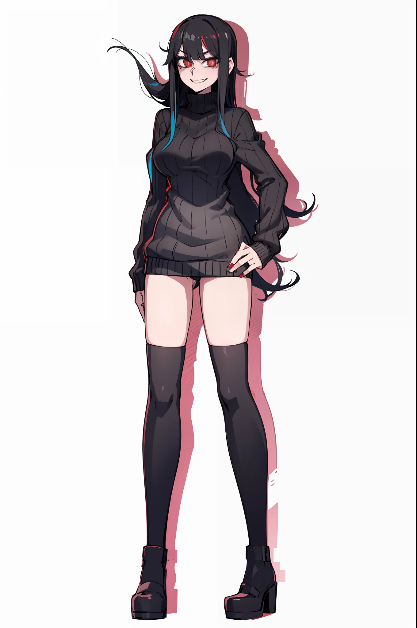 multicolored, long black hair, red pupils, 1girl, cute, smug, smile, black sweater, big breasts, thigh high