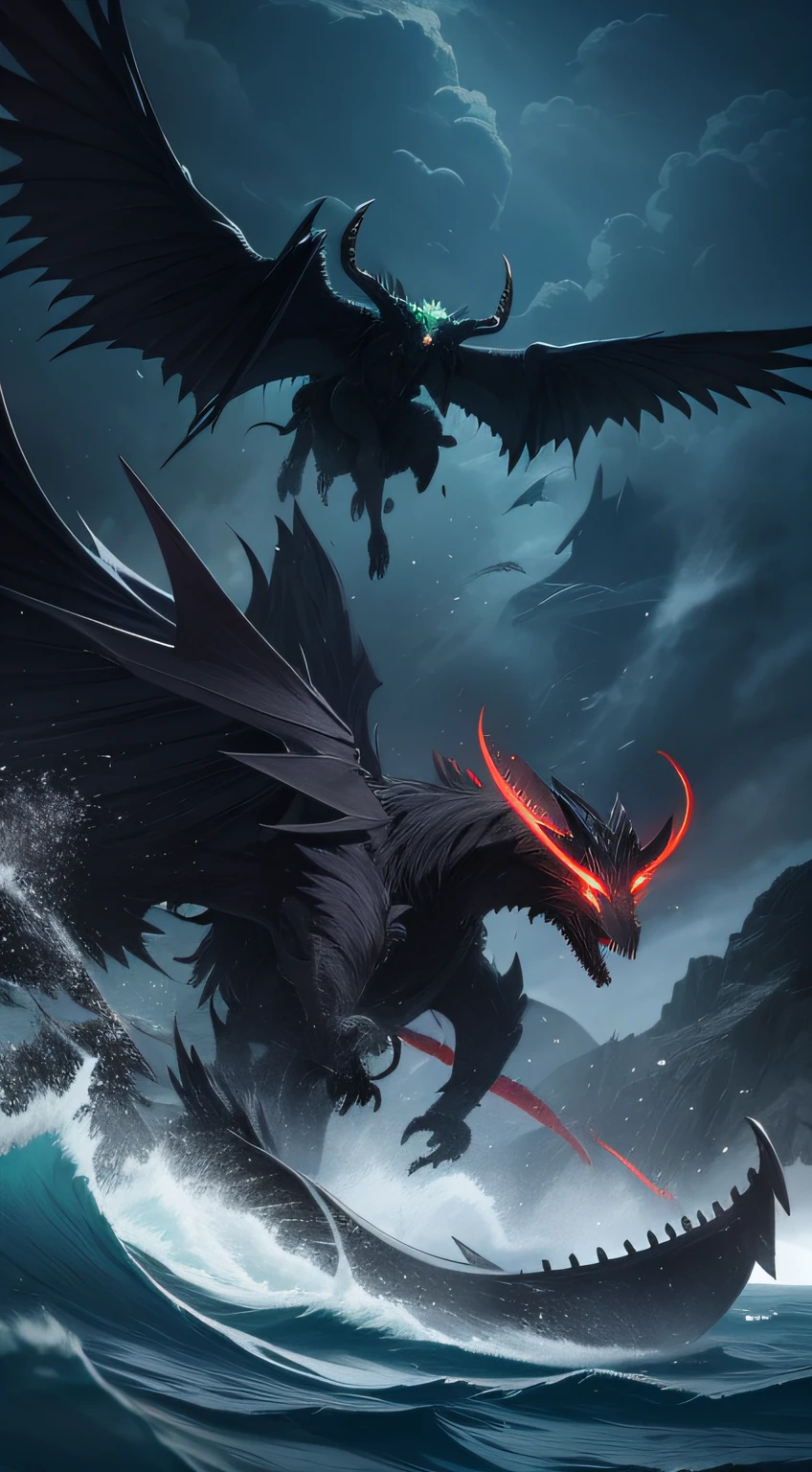 There is a dark and raging sea，The demon with green-faced fangs fluttered its wings on its back，There are mirages in the sky