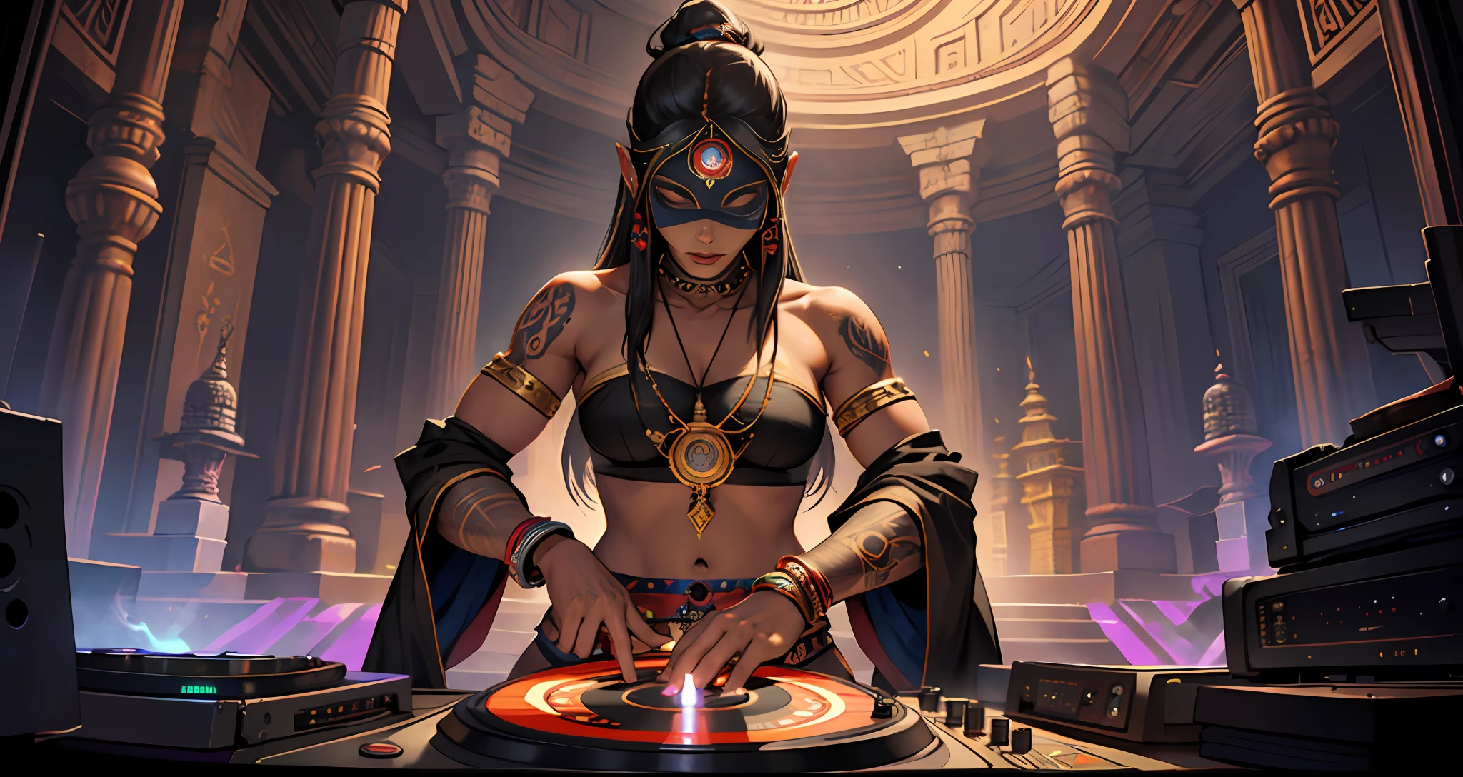 Tantric priestess in loincloth with tattoos and percings and an ironman mask mixing music on a DJ turntable at a Hindu temple Ultra-realistic photo --auto
