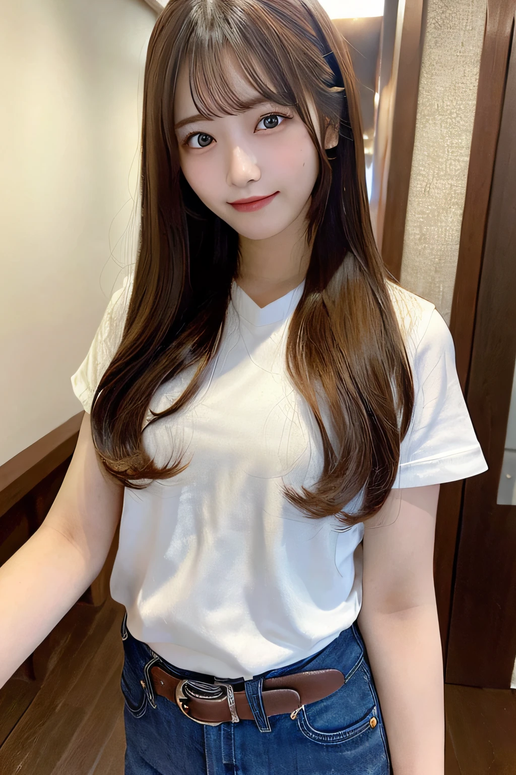 masterpiece, top-quality, 1girl,long_hair,a smile, bluntbangs,Look at viewers,selfy,cowboy shot, (realisticlying:1.5)