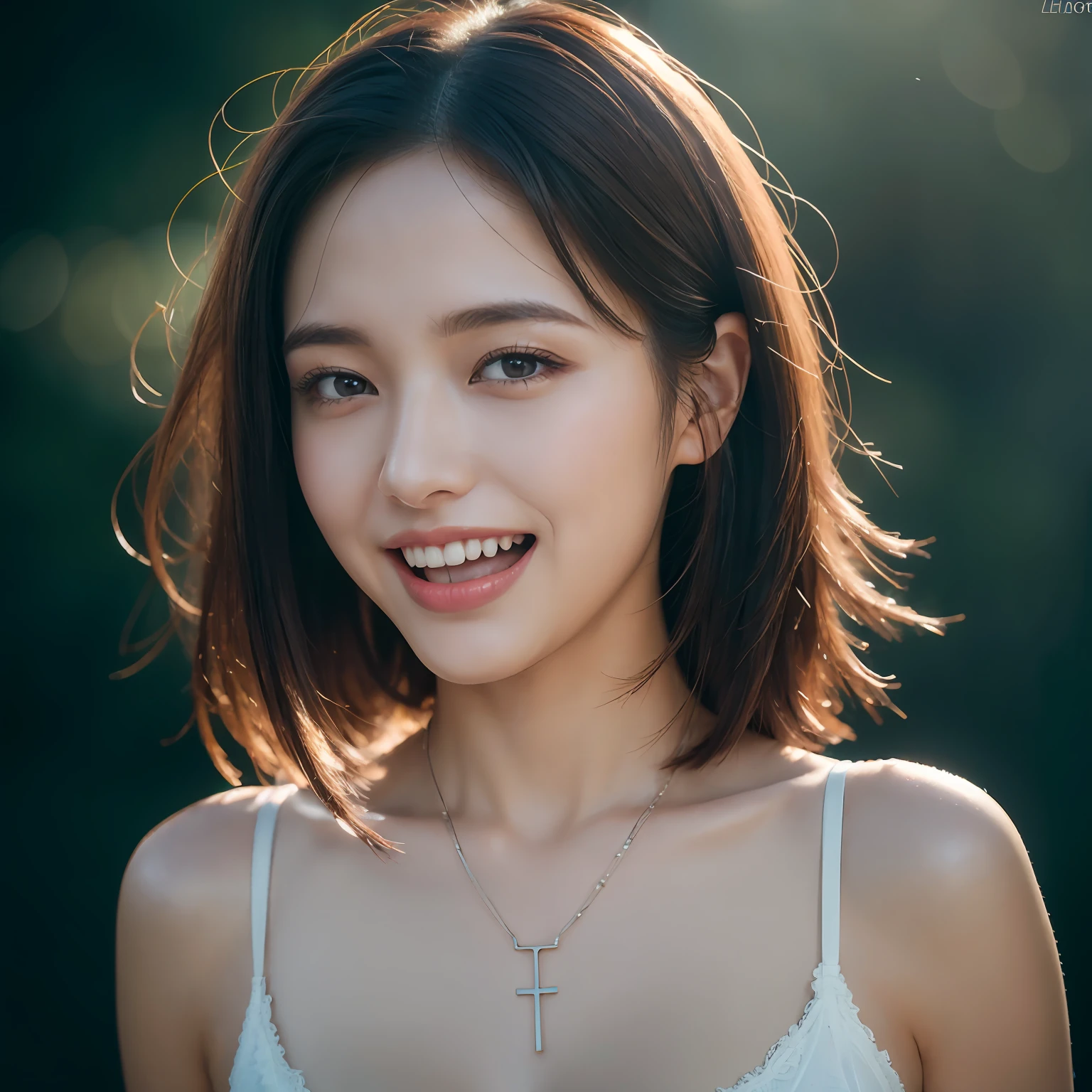 Dressed, (photographrealistic:1.4), (Hyper realistic:1.4), (Realistic:1.3),
(Smoother lighting:1.05), (increase cinematic lighting quality:0.9), 32K,
1girl in,25-years old, Realistic lighting, Backlighting, Light on Face, raytrace, (Brightening light:1.2), (Increase quality:1.4),
(Top quality real texture skins:1.4), finely detailed eyes, finerly detailed face,
(tired and sleepy and joy:0), (Laugh:1.4), Black underwear,a necklace,
(Increase body line mood:1.1), (Increase the beauty of skin texture:1.1)