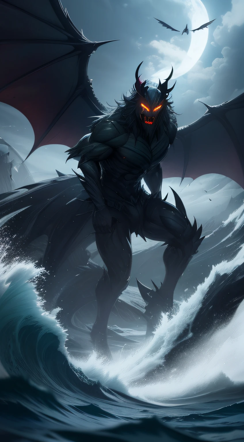 There is a dark and raging sea,The demon with green-faced fangs fluttered its wings on its back,There are mirages in the sky