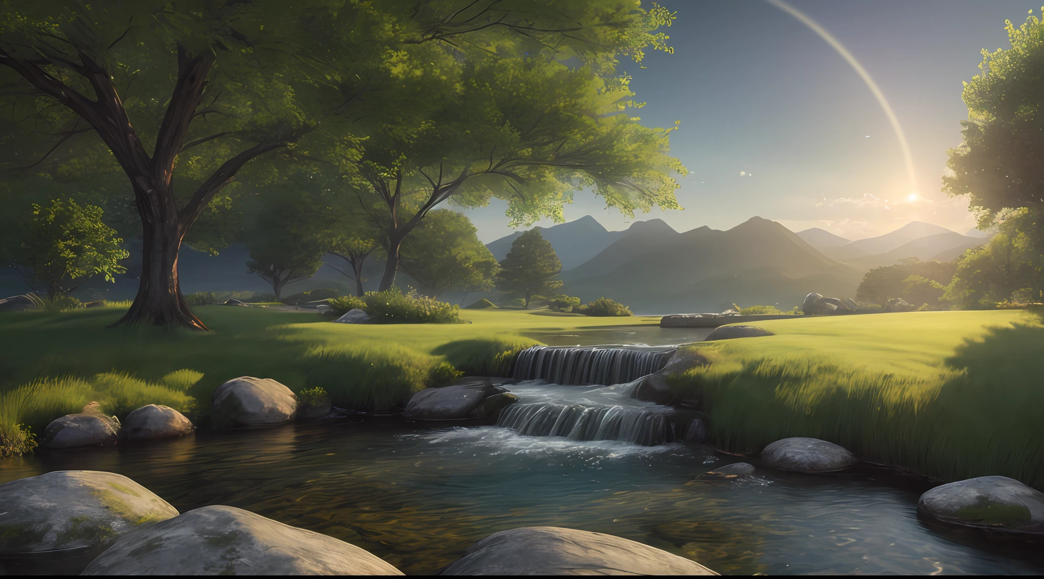 A peaceful place, very pleasant, aesthetic, calm, scenic. photorealistic, 8k uhd, studio quality, ultra realistic, max detail, massive scale, post-processing, realistic, photorealism, photoshop, photography, detailed, cinematic lighting, landscape, panoramic, landscape, raytracing, cinema4d