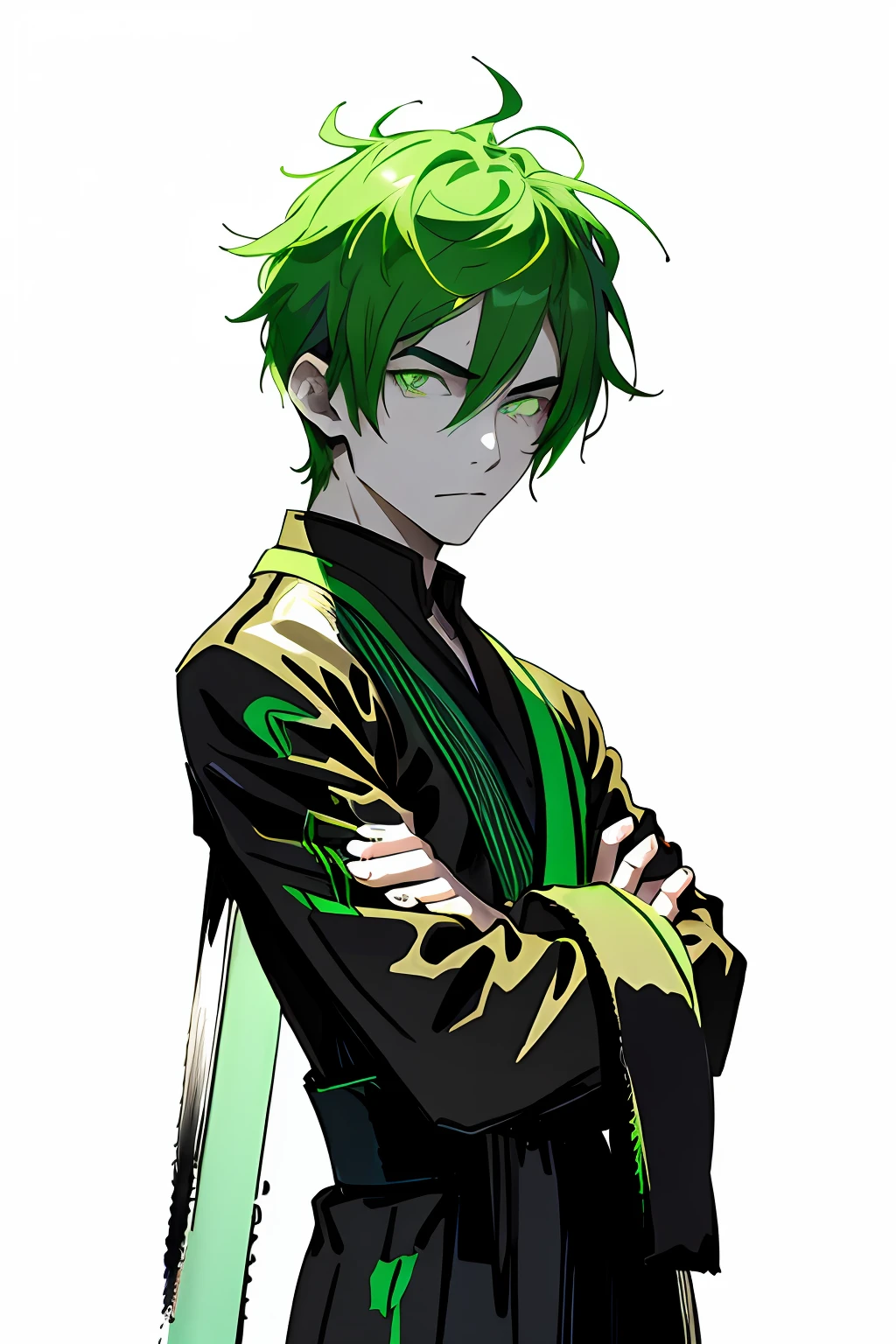 zydink，Ink sketch，best qualtiy，tmasterpiece：1.3，1boys，Light green hair，Bright pupils glowing green，short detailed hair，Hair combed back，floated hair，Green robes with many stripes，The expression is cold，abstract ink splash：1.2，He held the glowing green bottle in one hand，A dragon was wrapped around his arm，The dragon was staring at the bottle，There is a faint fluorescence around the bottle，He looked up at the night sky，Green flames surrounded his body