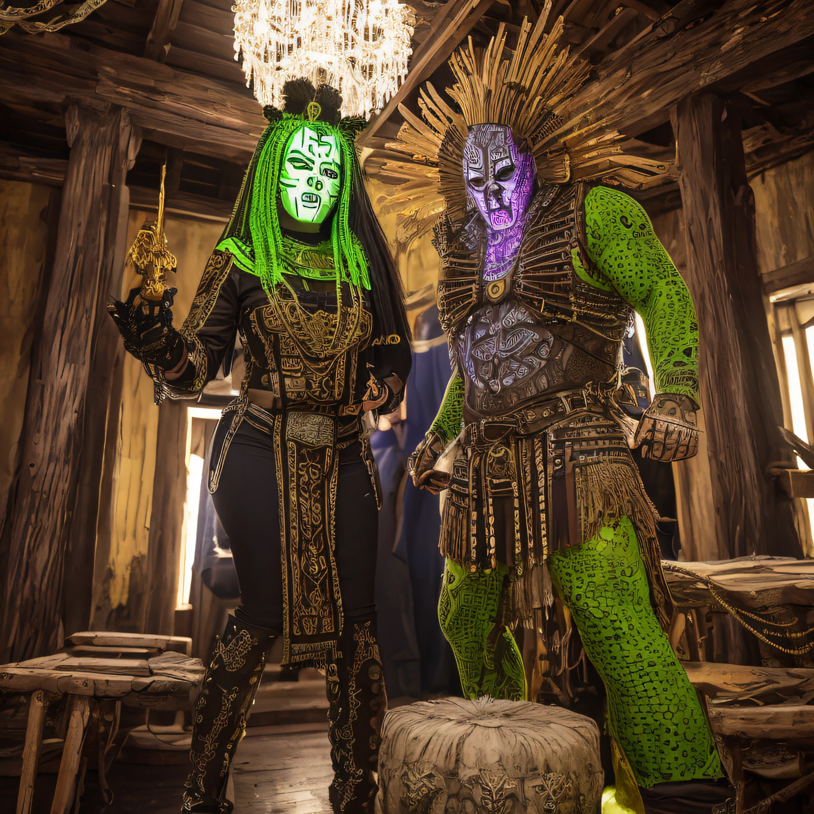 very muscular and afriano man wearing mask, with very large chick, very dark-skinned woman wearing tribal mask, , dressed as hellraiser character, leather bodice, crocodile green eyes, bare legs, serious face, ALL WEARING TRIBAL MASKS, large and bright white and yellow moons, crucifixes thrown on the old wooden floor stained with red paint, antique furniture, streams of light, intricate image, haunted house, white people chained in an old sinistic tree, full body image, predominance of colors black, brown, beige, gray, red, wine, burgundy, moss green, military green, bush green, metallic, super light pink, super light lime green, mustard, navy blue, coral, honey, black, purple, lilac, best quality, masterpiece, high resolution, 8k, hyper-realistic image, professional photo, realistic image, full body view, bottom-up angles