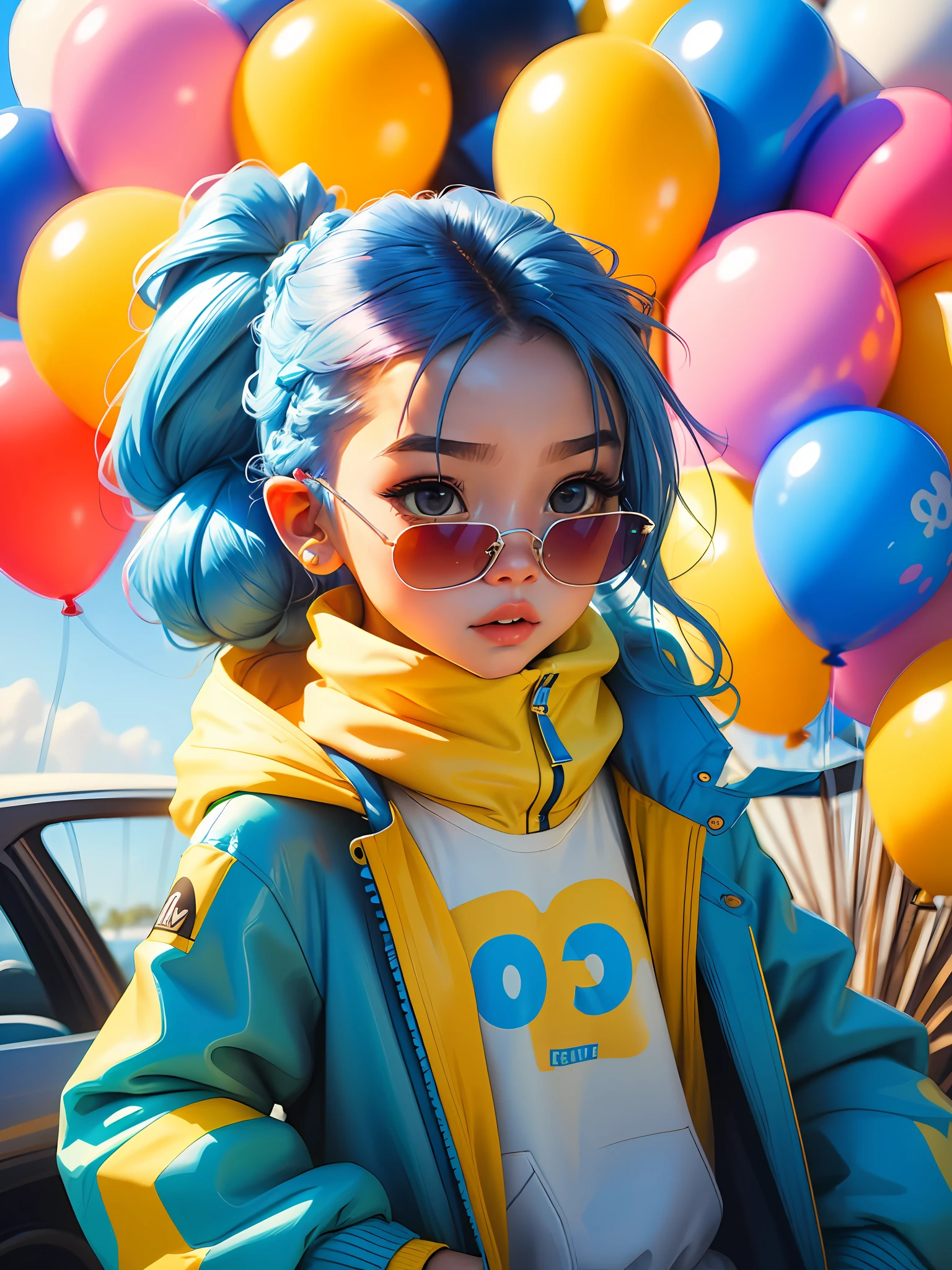 Loli girl, beautiful and cute, wearing blue sunglasses, yellow jacket, white sweatshirt, lots of colorful balloons, baby face, chibi style, red and blue two-color hair, ponytail braided hair, perfect detail eyes, delicate face, perfect CG, HD picture quality, colorful balloons, sky,