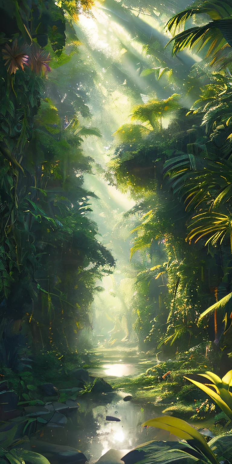 Jungle, heavy rain, monochrome, vines everywhere, huge wet tree, masterpiece, best quality, high quality, very detailed CG unity 8k wallpaper, oil painting, award winning photography, bokeh, depth of field, HDR, blooming, Chromatic aberration, photorealistic, highly detailed, trending on artstation, trending on CGsociety, intricate, high detail, dramatic, midway art, volumetric lighting. Image size: 960x536