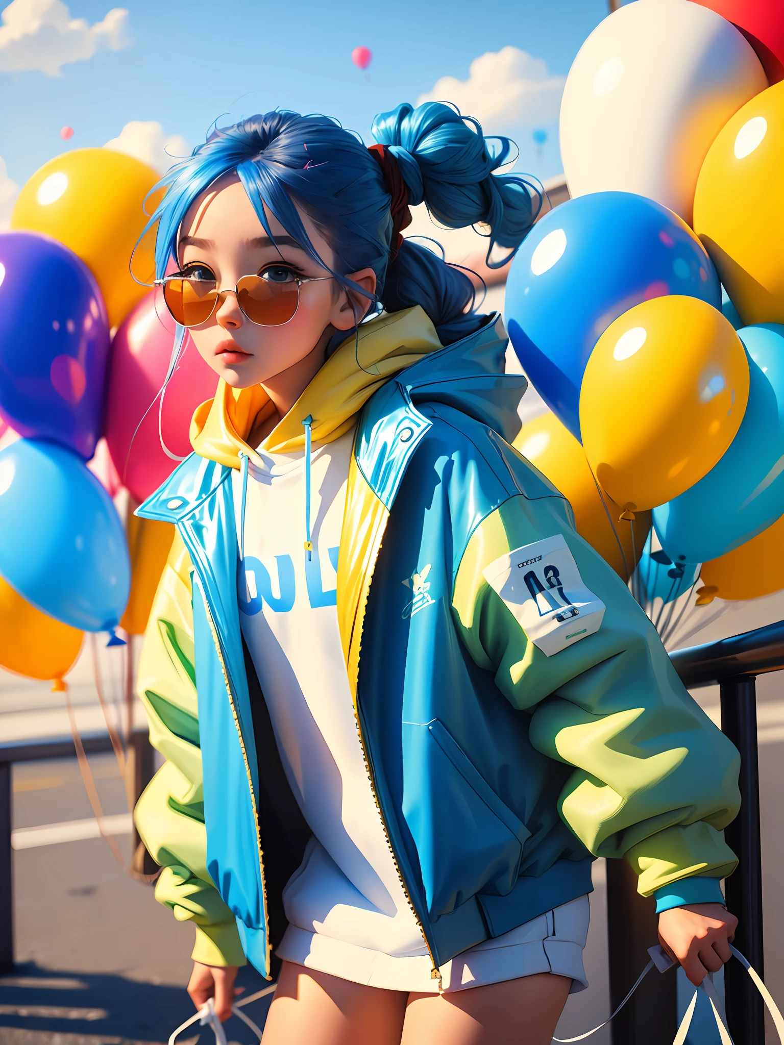 girl, beautiful and cute, wearing blue sunglasses, yellow jacket, white sweatshirt, lots of colorful balloons, baby face, chibi style, red and blue two-color hair, ponytail braided hair, perfect detail eyes, delicate face, perfect CG, HD picture quality, colorful balloons, sky,