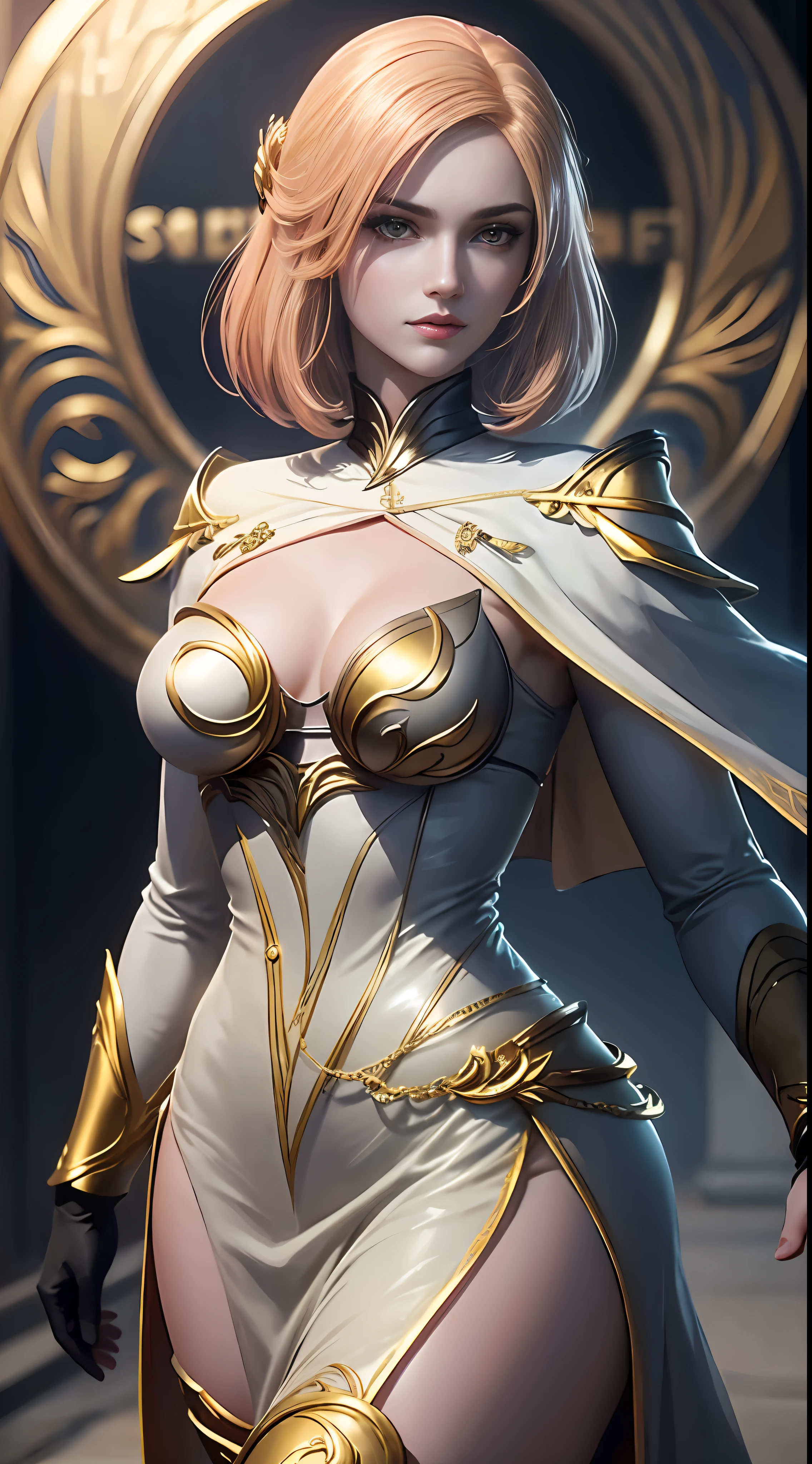 (Best quality, ultraclear, Most detailed, Masterpiece, 8K, Epic composition)，The woman wore a silver and gold cavalry uniform. Made with silver armor and gold decorations，to show her courage and perseverance，with short golden hair， Perfect figure, Medium breasts, cleavage. Her uniform is decorated with a gold sun motif and shiny metal accessories, Make her image more dignified. Her boots and gloves are decorated with gold lace, Add a touch of flamboyance to her uniform.