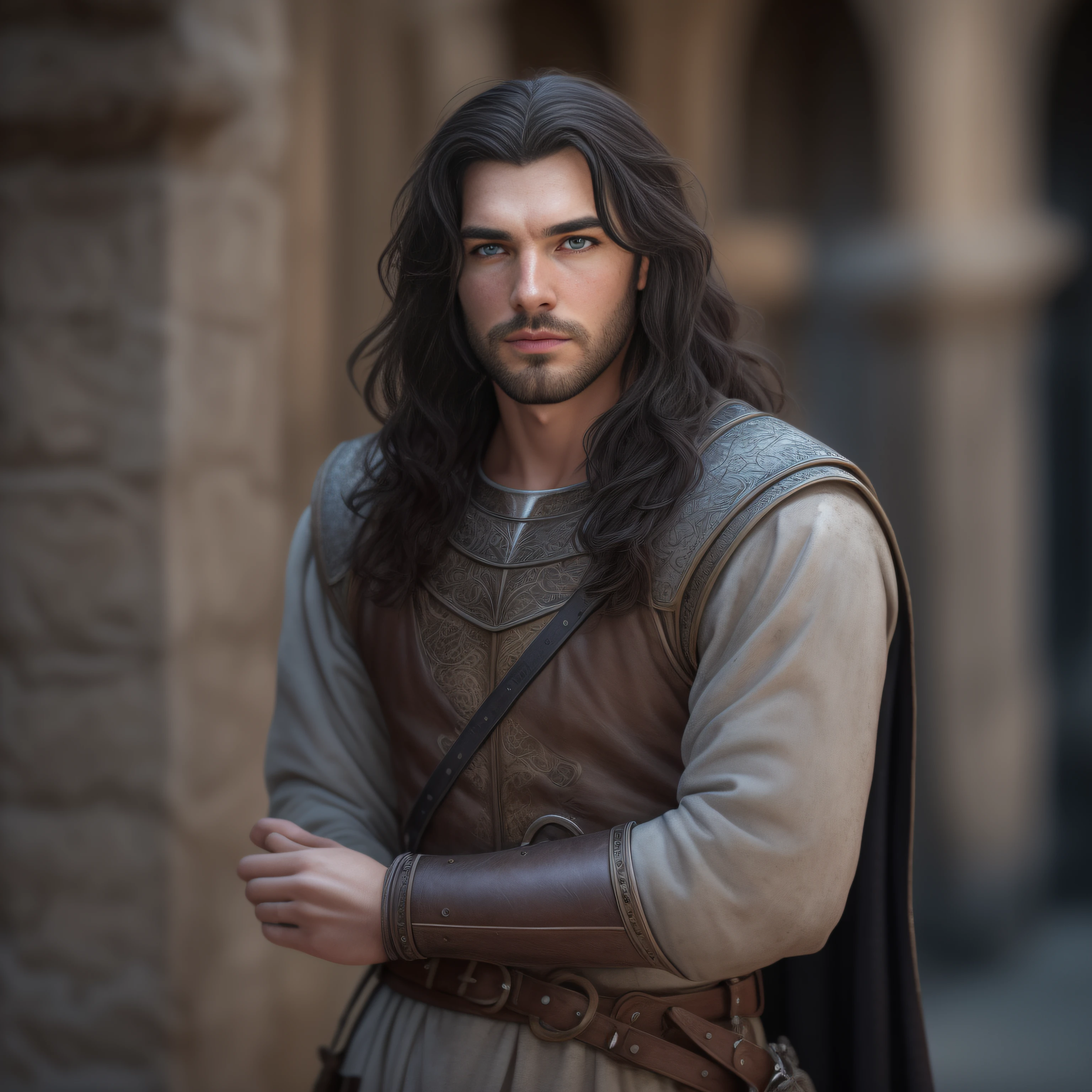 cinematic, photo, head and shoulder portrait photo, 1man, solo, 30 years old medieval fantasy male adventurer, pale skin, very long wavy shabby black hair, incredible grey eyes, long curved eyebrows, short beard, medieval fantasy adventurer clothes, intense look, ugly but fascinating, in a big medieval city, Canon EOS 5D Mark IV, historical, fantasy, hyper detailed, accurate textures, realistic, skin pores