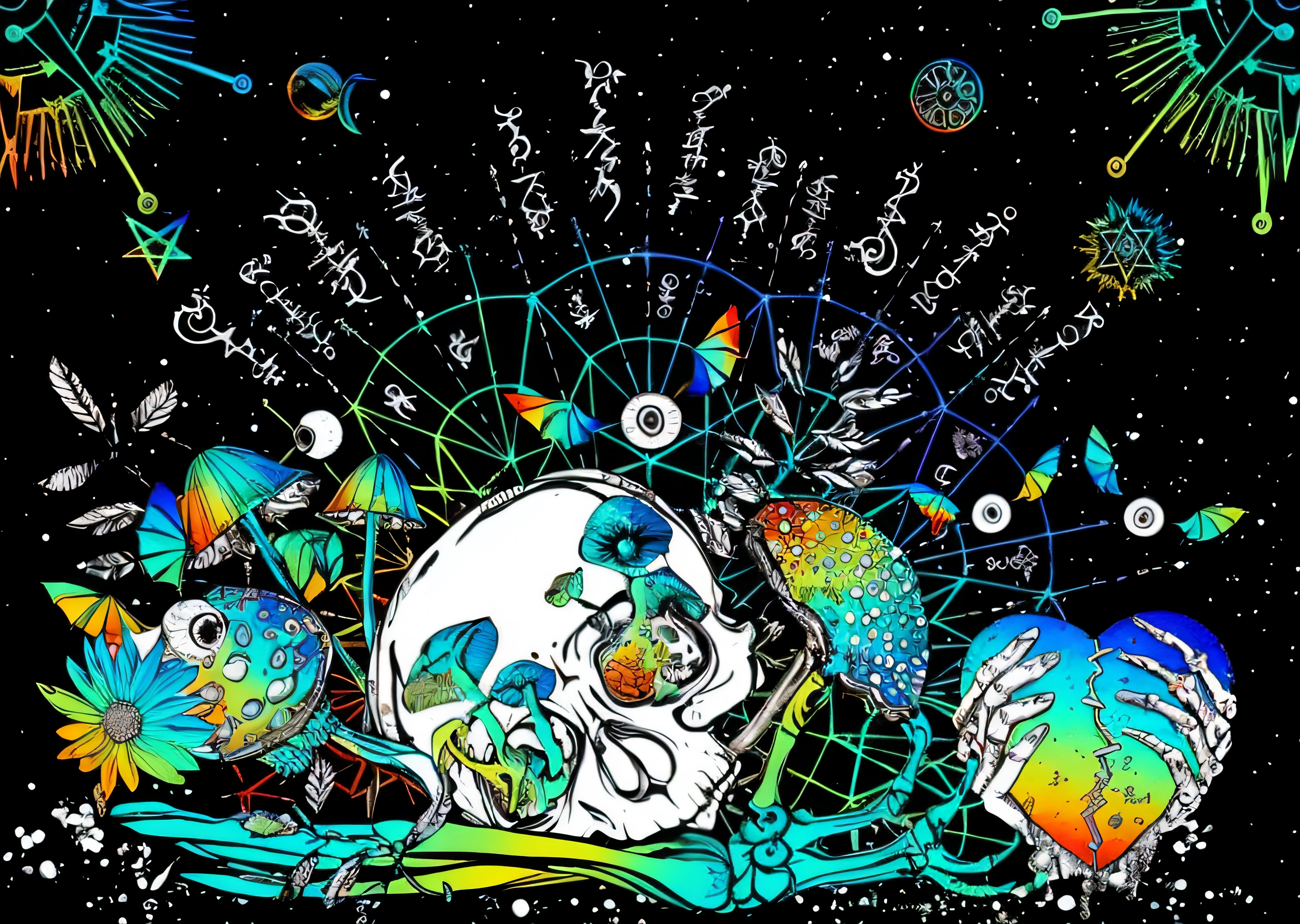 Close-up of skull diagrams with star maps and other objects, psychedelic illustrations, estilo psicodelia sombrio, psychedelic trip, Psychopathic Man Universe, psychedelic fever dream, dmt space behind, Psychedelic art style, dmt background, cogumelo trippy, psychedelic cosmic horror, a psychedelic experience, cosmic lsd poster art, Psychedelic, psychedelic style, psytrance artwork