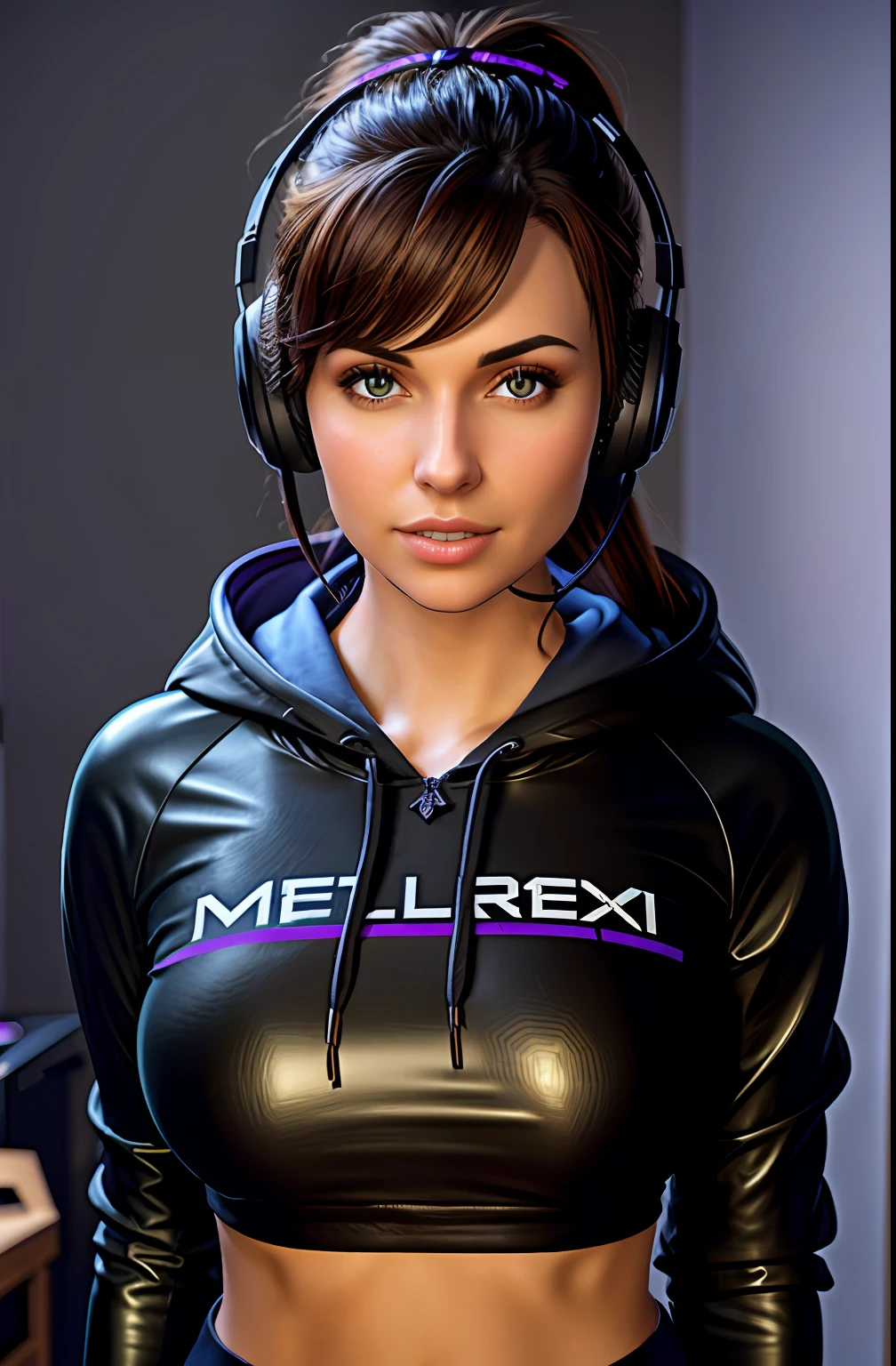 long straight dark brown haired gamer girl leaning into the camera, photo from front above, dark red hoodie, straight hair, large leather gamer headphones, medium breasts, skintight black top:1.2, cleavage, purple bra:1.2, looking at viewer, soft colors, cinematic lighting, perfect anatomy:1.2, round breasts:1.2, well-organized, neat:1.2, perfect proportions,