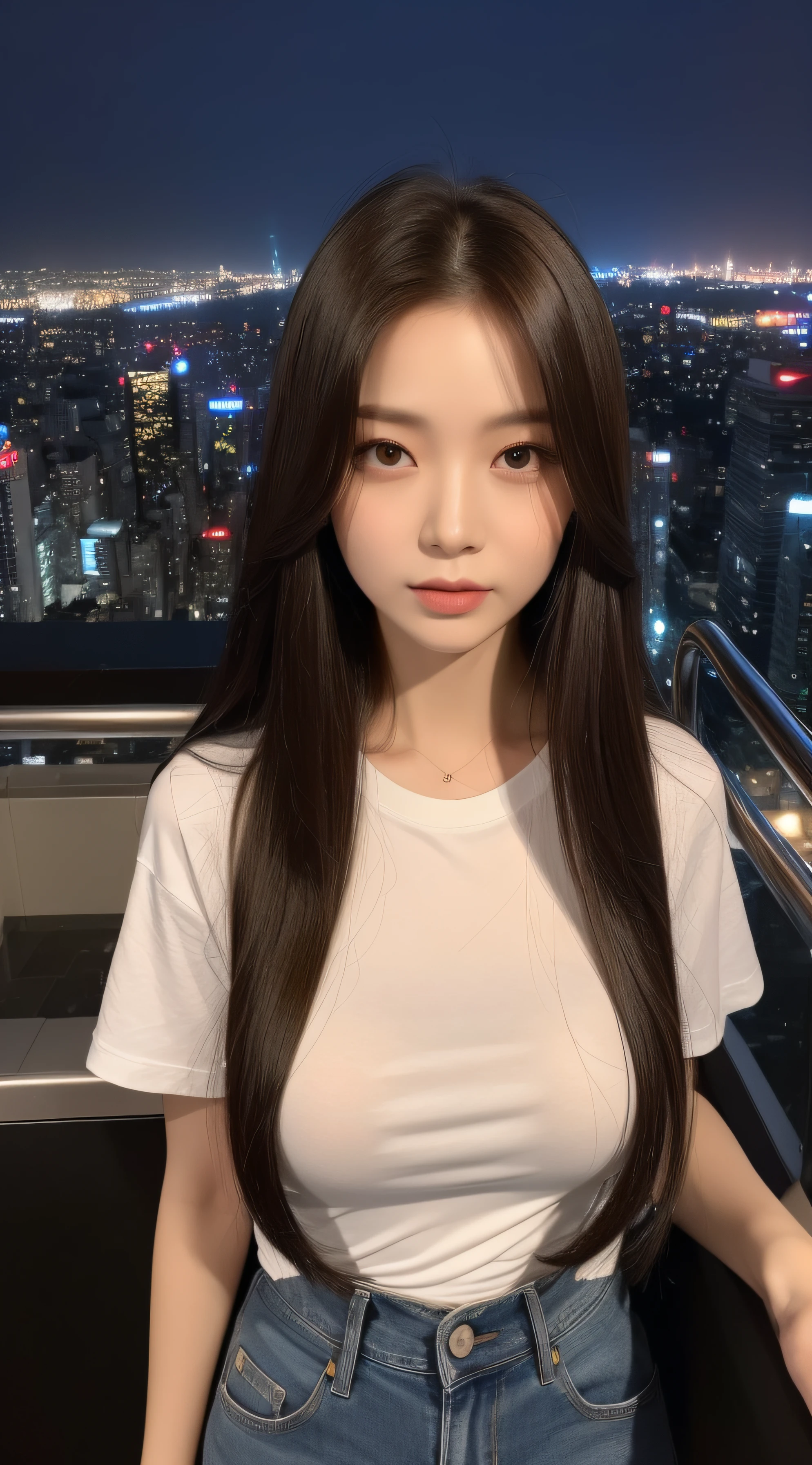((Midnight, Best quality, 8k, Masterpiece :1.3)), Whole body, Long legs, Sharp focus :1.2, A pretty woman with perfect figure :1.4, Slender abs :1.1, ((Dark brown hair,Gigantic breasts :1.2)), (White tight tshirt, Jean bib, Standing:1.2), ((Night city view, Rooftop:1.3)), Highly detailed face and skin texture, Detailed eyes, Double eyelid