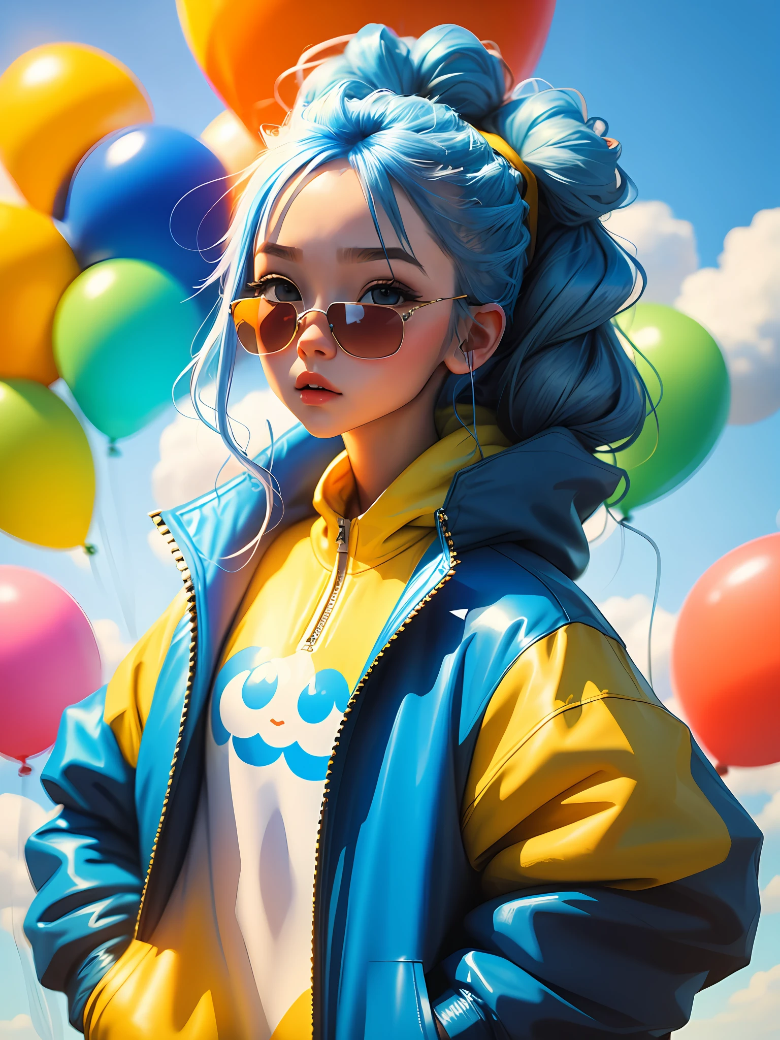 Loli girl, beautiful and cute, wearing blue sunglasses, yellow jacket, white sweatshirt, lots of colorful balloons, baby face, chibi style, red and blue two-color hair, ponytail braided hair, perfect detail eyes, delicate face, perfect CG, HD picture quality, colorful balloons, sky,