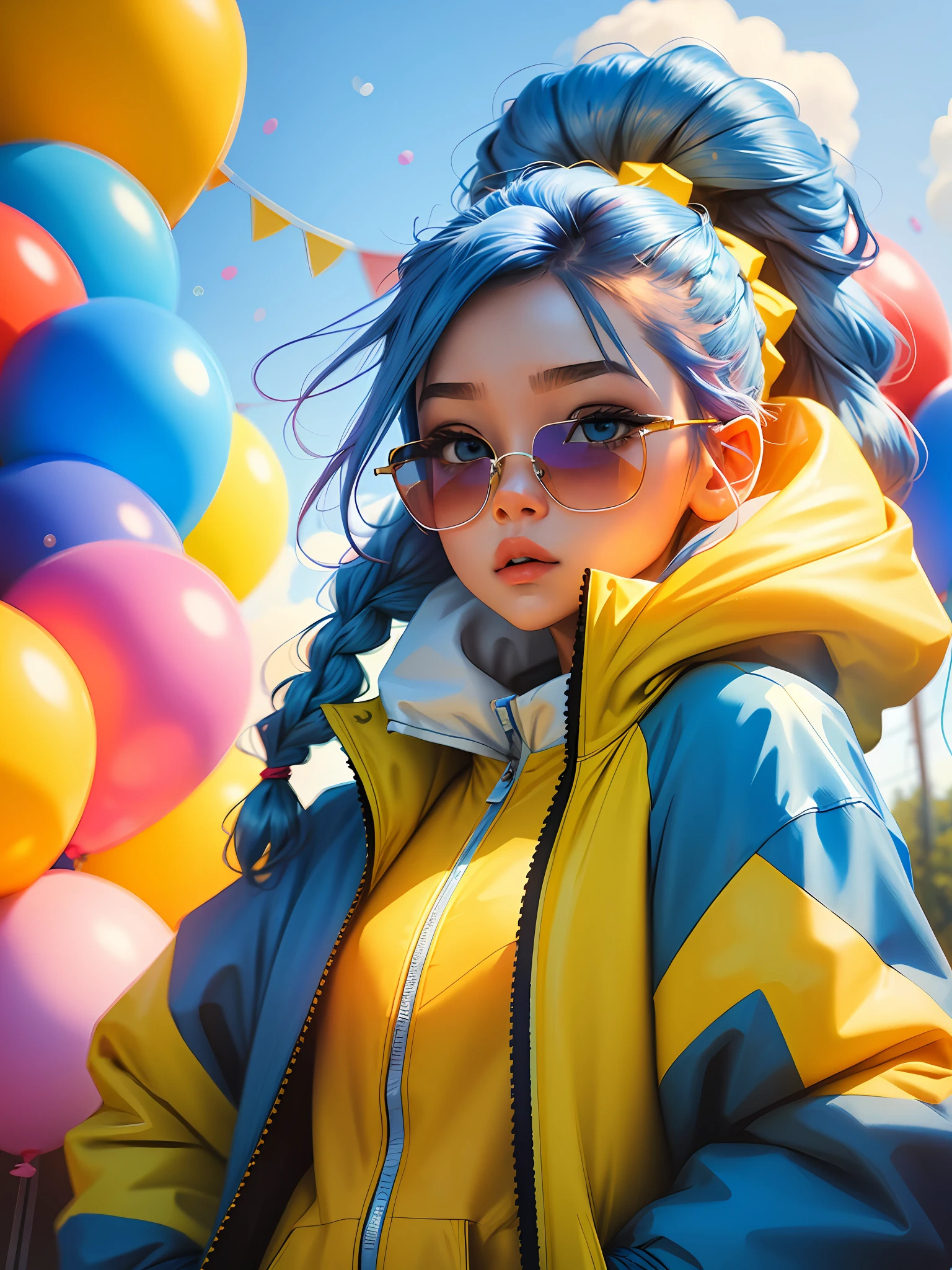 Loli girl, beautiful and cute, wearing blue sunglasses, yellow jacket, white sweatshirt, lots of colorful balloons, baby face, chibi style, red and blue two-color hair, ponytail braided hair, perfect detail eyes, delicate face, perfect CG, HD picture quality, colorful balloons, sky,