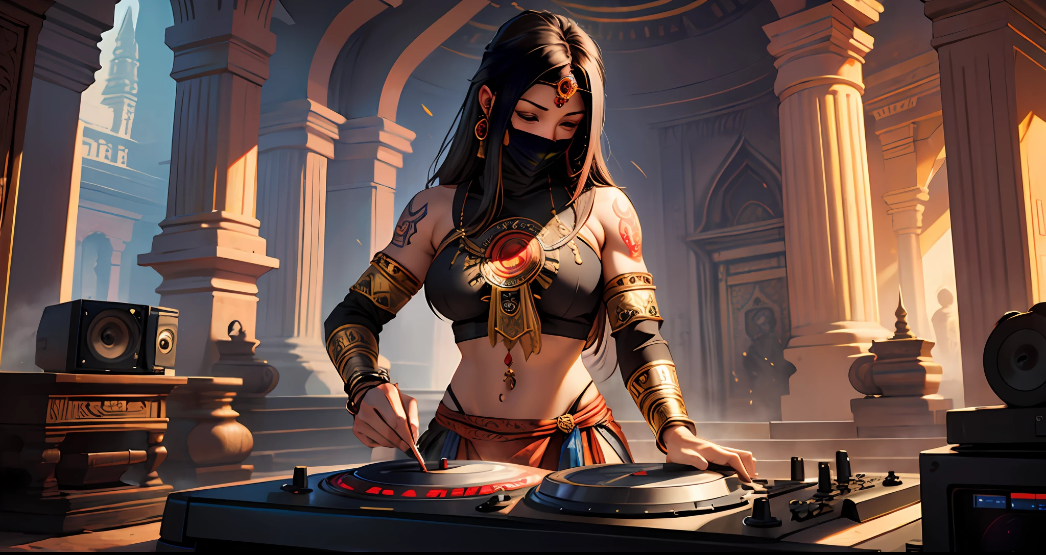Tantric Woman Priestess in Loincloth with tattoos and percings and an ironman mask mixing music on a DJ turntable at a Hindu temple Ultra-realistic photo --auto
