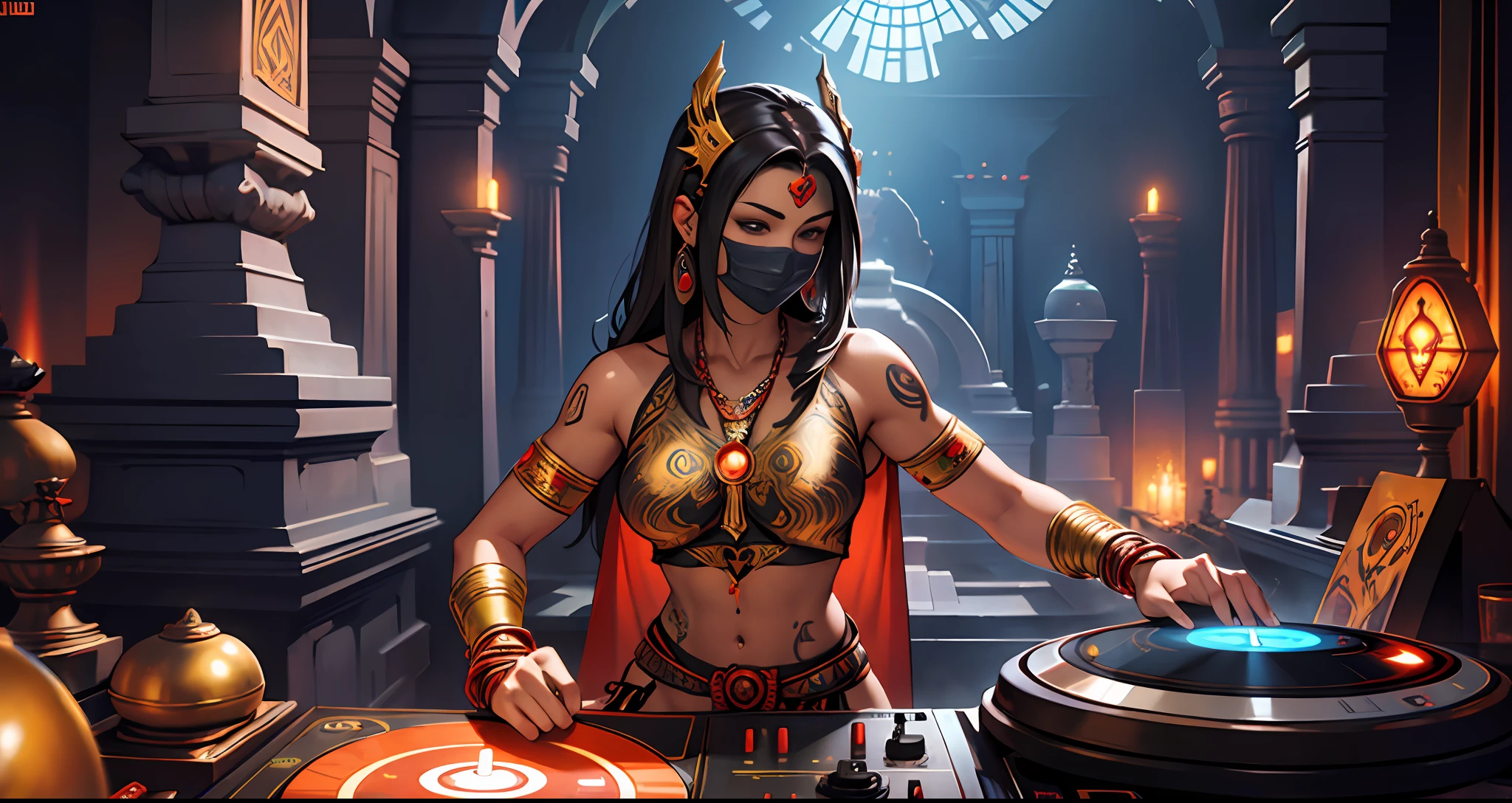 Tantric Woman Priestess in Loincloth with tattoos and percings and an ironman mask mixing music on a DJ turntable at a Hindu temple Ultra-realistic photo --auto