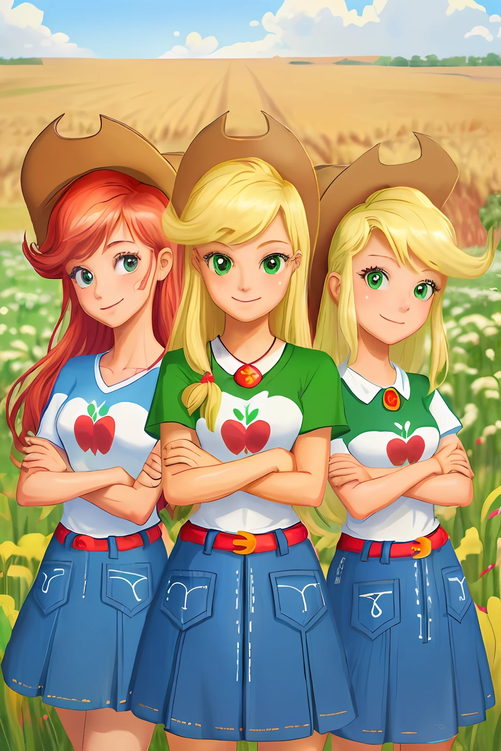 (masterpiece, best quality:1.2), trio, 3girls, identical triplets, clones, mlpapplejack, smile, looking at viewer, crossed arms, low-tied long hair, cowboy hat, shirt, short sleeves, denim skirt, wheat field