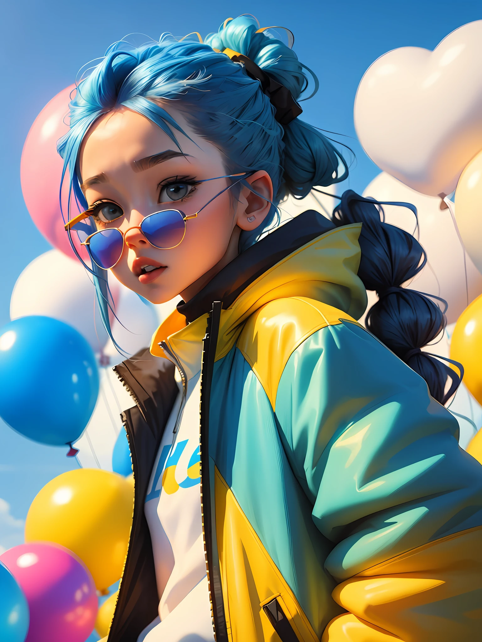 Loli girl, beautiful and cute, wearing blue sunglasses, yellow jacket, white sweatshirt, lots of colorful balloons, baby face, chibi style, red and blue two-color hair, ponytail braided hair, perfect detail eyes, delicate face, perfect CG, HD picture quality, colorful balloons, sky,