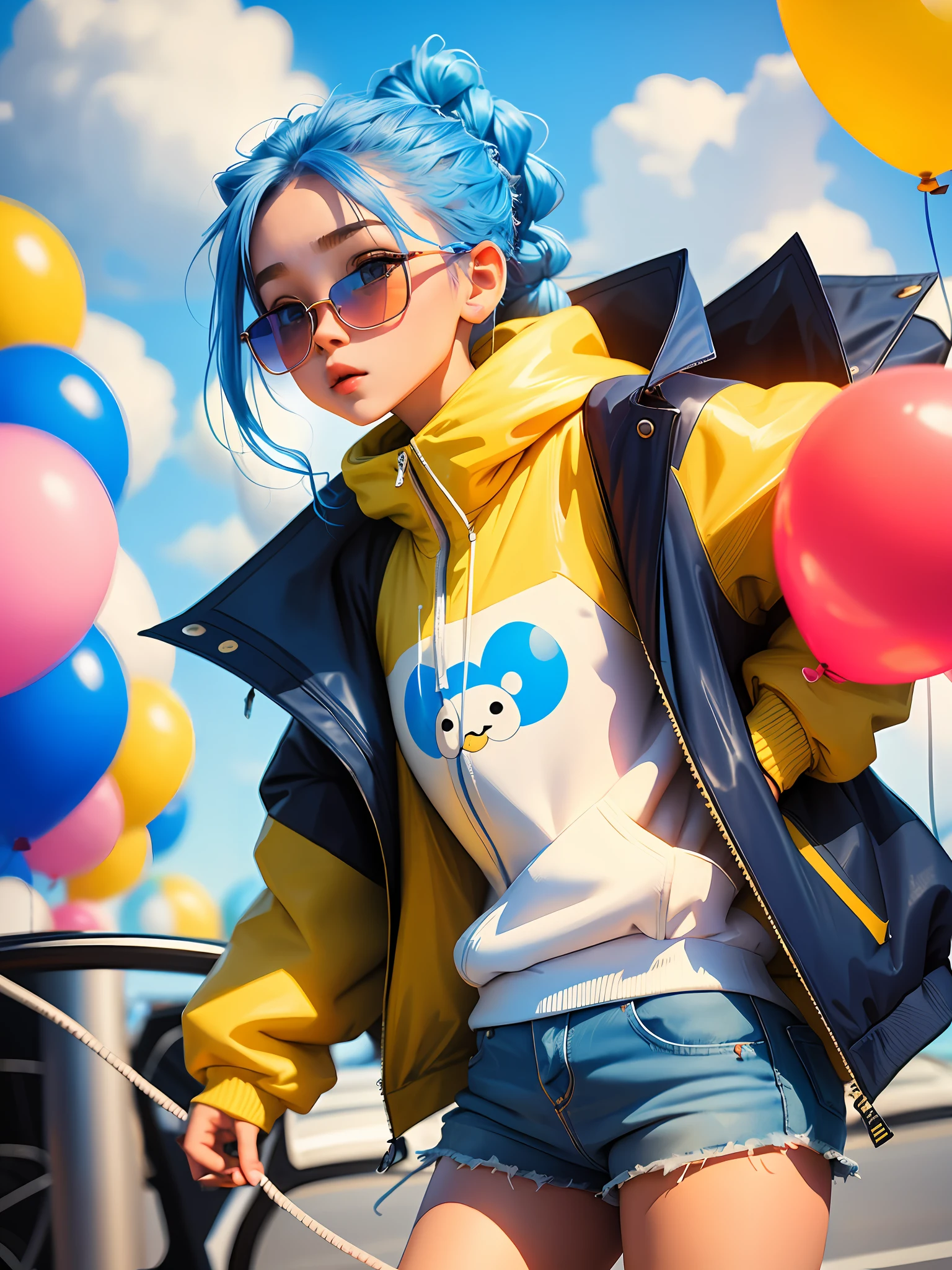 Loli girl, beautiful and cute, wearing blue sunglasses, yellow jacket, white sweatshirt, lots of colorful balloons, baby face, chibi style, red and blue two-color hair, ponytail braided hair, perfect detail eyes, delicate face, perfect CG, HD picture quality, colorful balloons, sky,