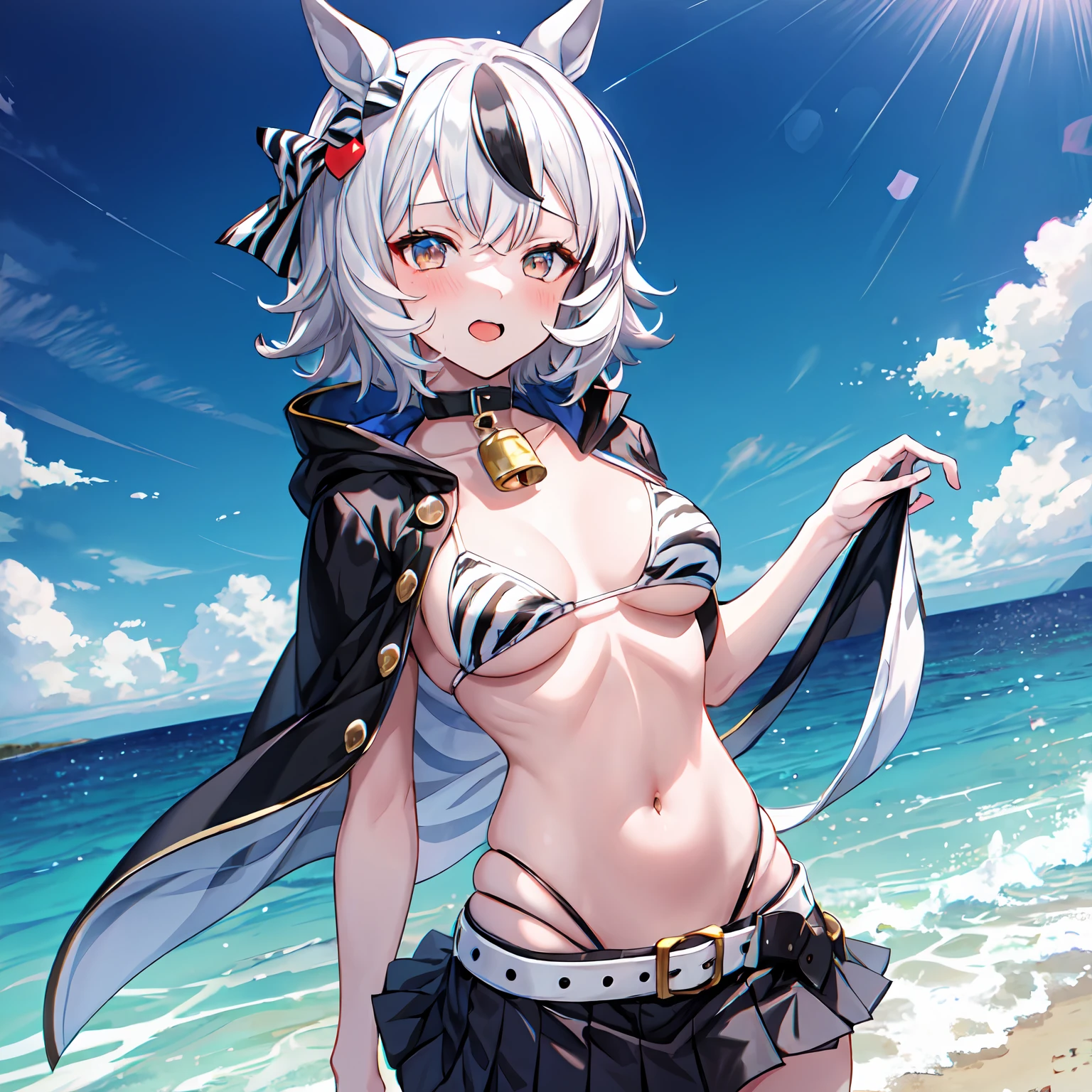 nsfw,1girl,Solo,Umamusume,Zebra_print,White_eyes,multicolored_hair,messy_hair,(White_hair),Black_hair,Short_hair,Zebra_cloak,Black_Shirt,Belt,Neck_bell,Black_Skirt,sea,bikini