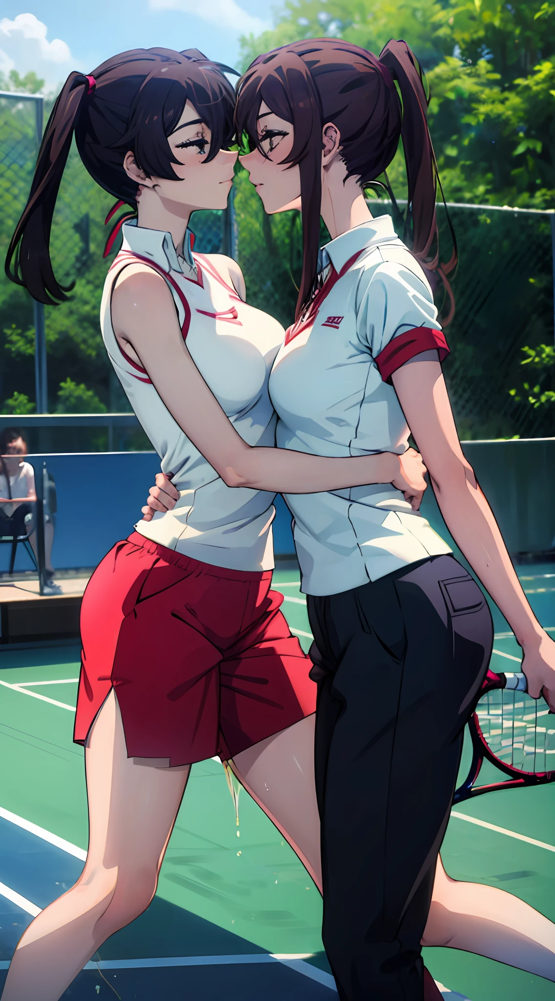 Two women having fun on a tennis court、obscenity:1,2、Metamorphosis:1,2、Lesbian Mika:1,2、Grabbing each other's buttocks、the kiss、asaemon_sagiri、Brown hair long hair、Wet sleeveless T-shirt、shortpants、お漏らし、tre anatomically correct