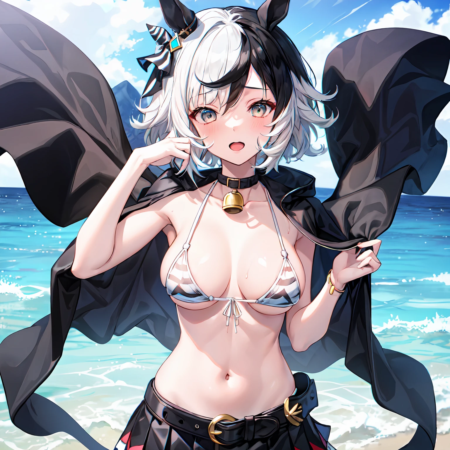 nsfw,1girl,Solo,Umamusume,Zebra_print,White_eyes,multicolored_hair,messy_hair,(White_hair),Black_hair,Short_hair,Zebra_cloak,Black_Shirt,Belt,Neck_bell,Black_Skirt,sea,bikini