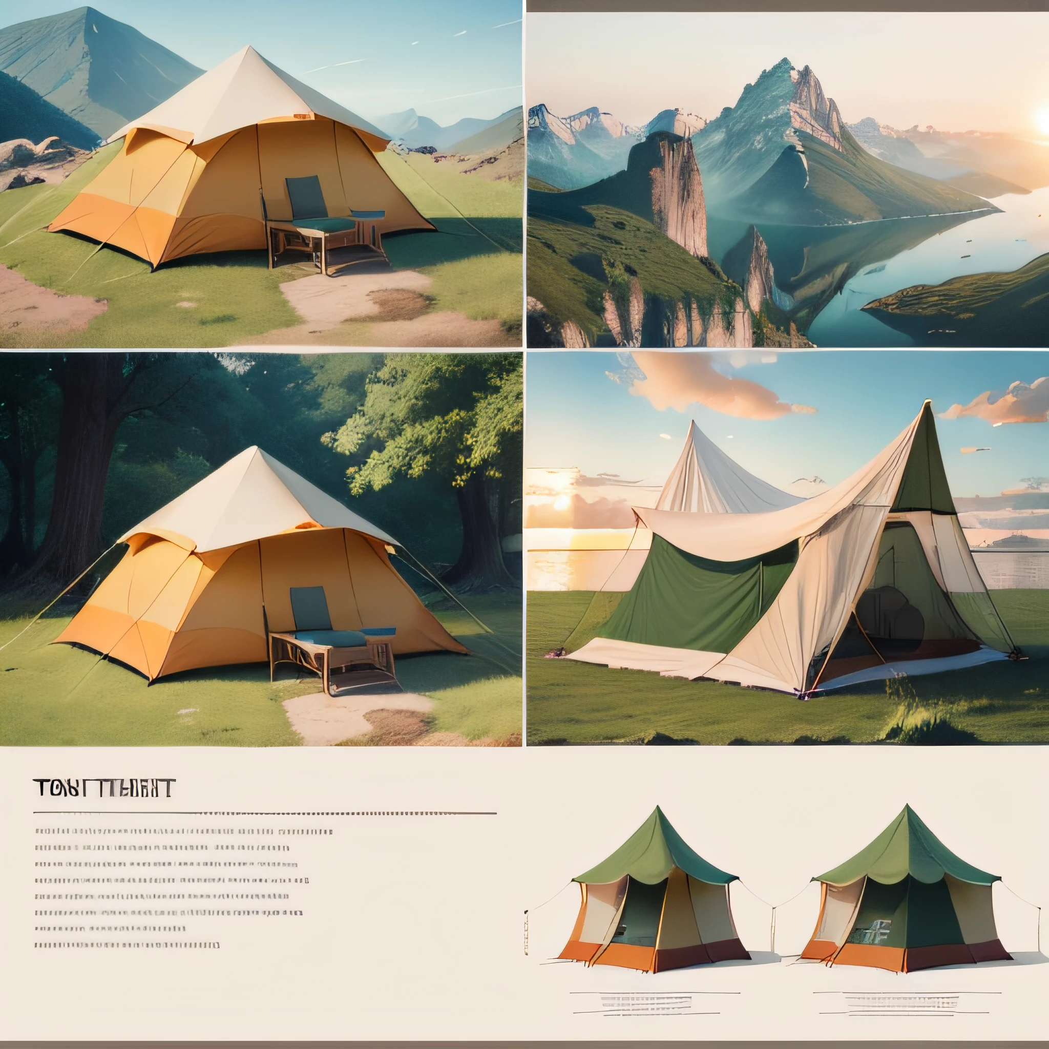 Illustrate a detailed and visually appealing reference sheet for a tourist tent, showcasing its various features and attributes