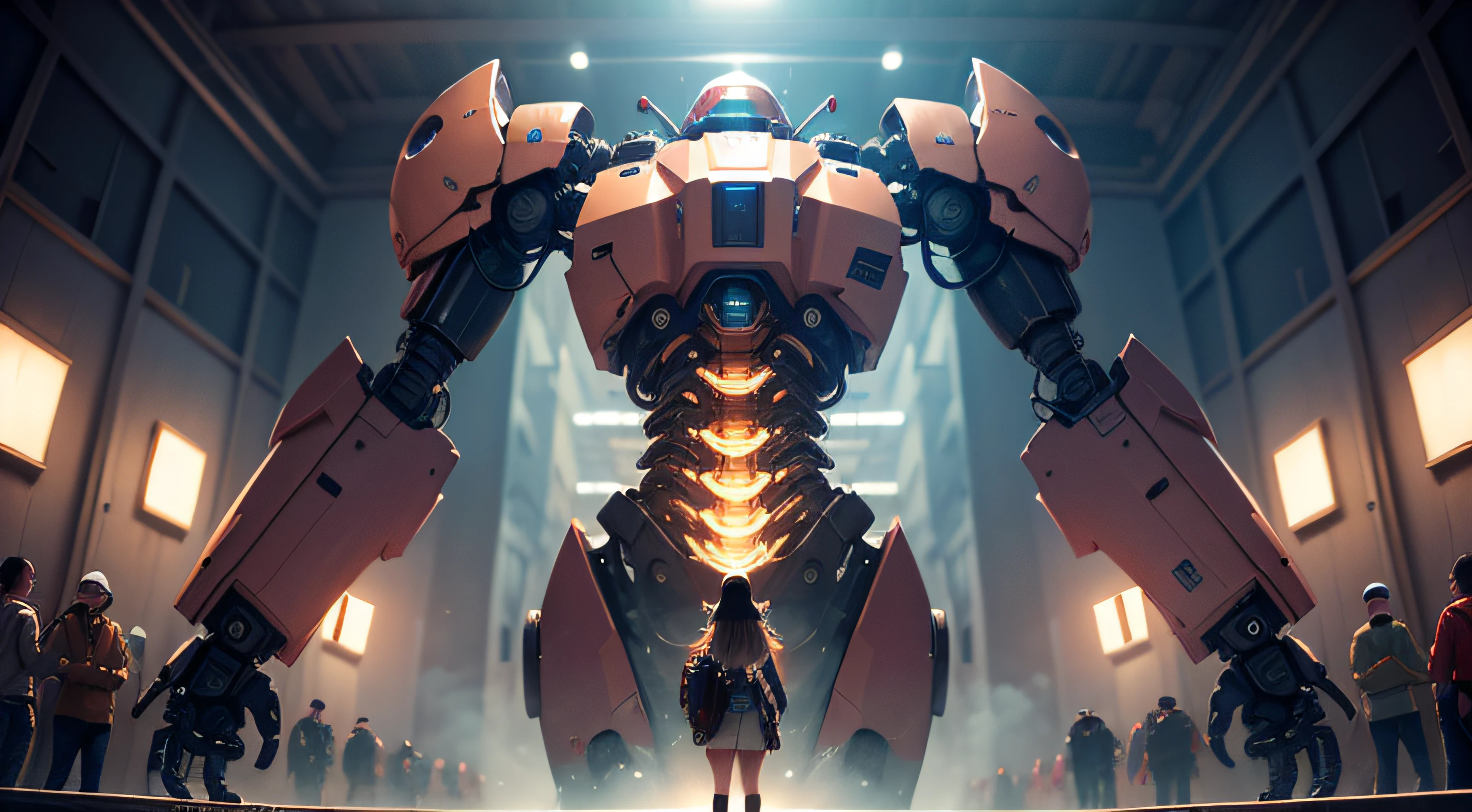 ((masterpiece, best quality)),illustration,ultra detailed 8k,photorealistic,sharp focus,highly detailed,professional lighting,colorful details,iridescent colors BREAK extreme long shot of a factory,large mechanical robot construction,microchip,computer,glowing,intricate details,shitu-mecha,1girl is standing in front of the audience,Navel