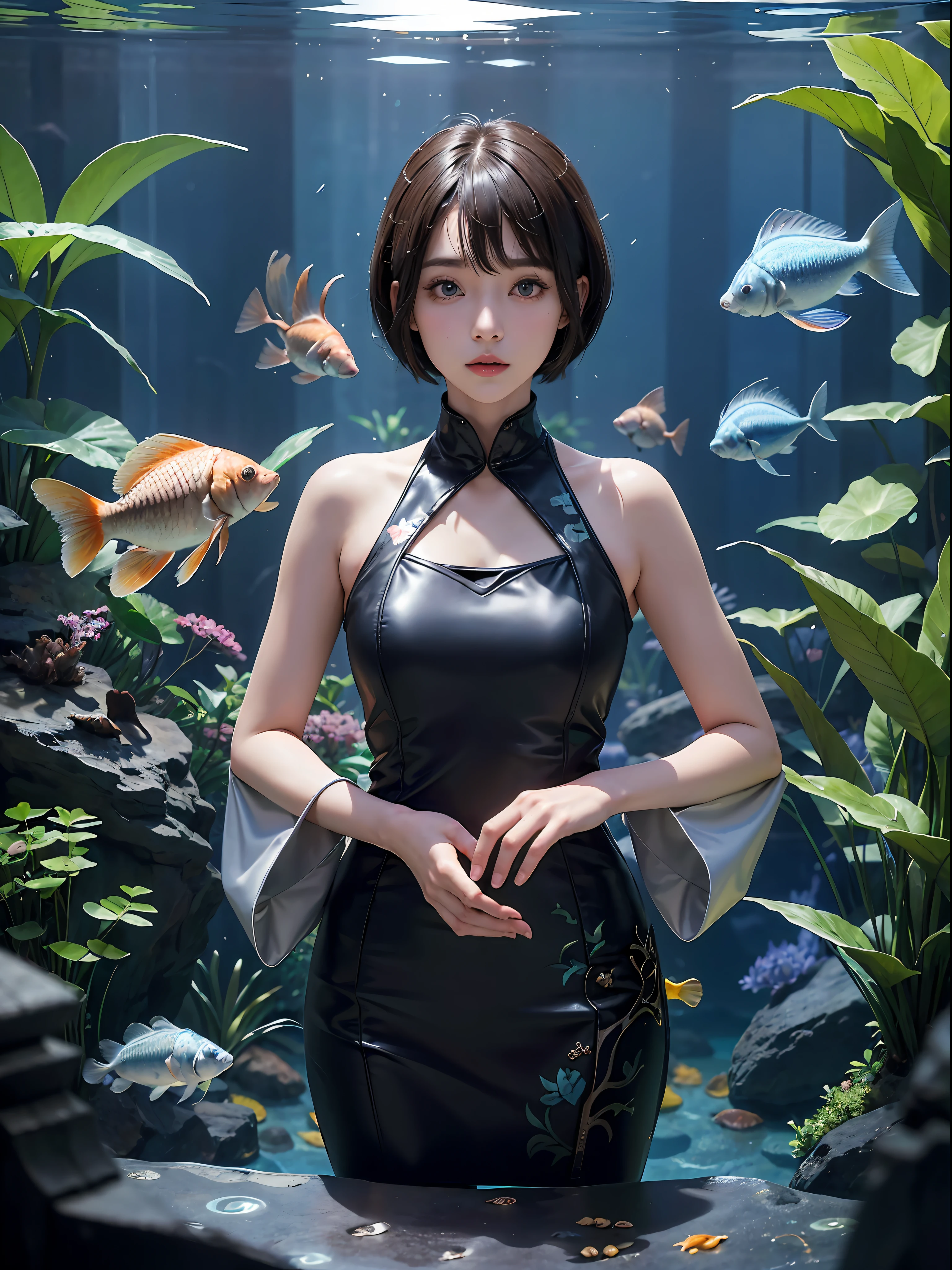 (((a 20 yo woman)))、((aquariums))、masterpiece, 1 beautiful girls, (((very_Short_hair))), Eye details, Swollen eyes, Top image quality, 超A high resolution, (Realistis: 1.4), OriginalPhotographs, 1girl in, Cinematographic lighting, japanes, very beautif, Beautiful skins, (A hyper-realistic), (hight resolution), (8 K), (ighly detailed), (The best illustrations), (beautifully detailed eyes), (ultra-detailliert), A detailed face, look at a camera, Facing straight ahead, Neat Clothing, shorth hair、A dark-haired、46-point diagonal bangs、((aquariums))、Lots of fish、tropical fish、jellyfish
