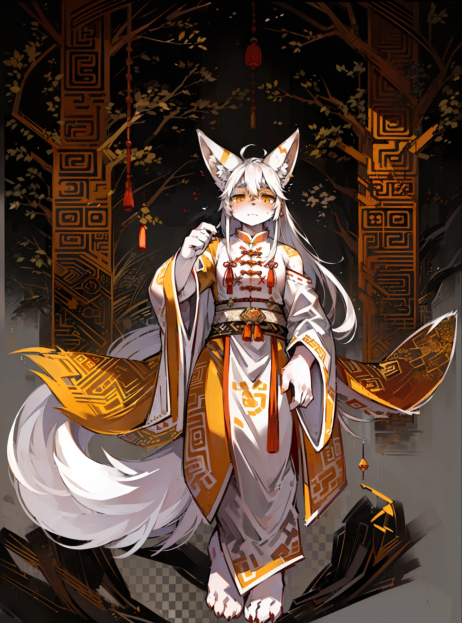 (high high quality,Ultra-detailed Chinese traditional ink painting,Adult Male,long white hair,Yellow eyes,tear-mole,white hanfu,fox ear:1.2),Panoramic view,A high resolution,Create a deep sense of history。